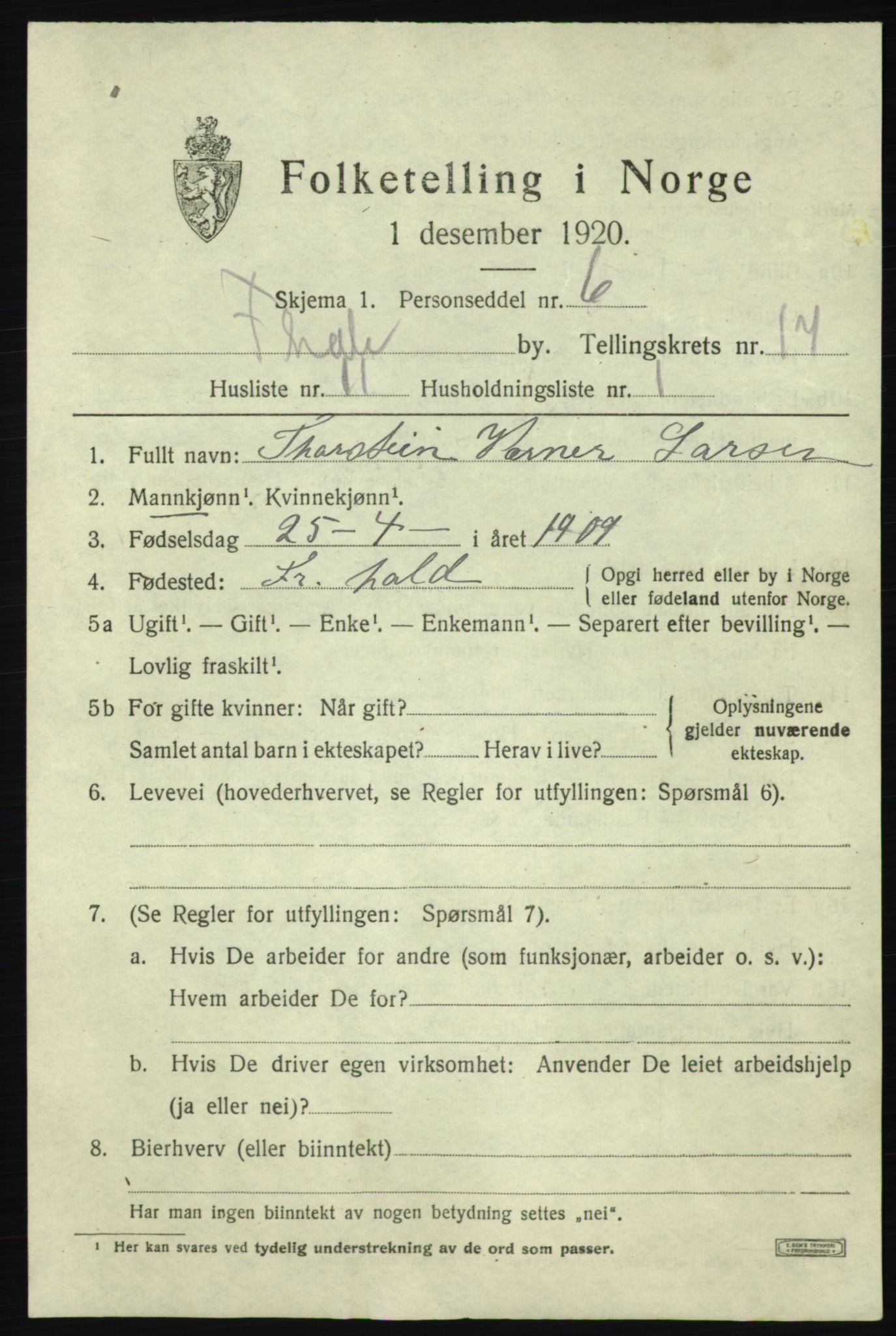 SAO, 1920 census for Fredrikshald, 1920, p. 25956