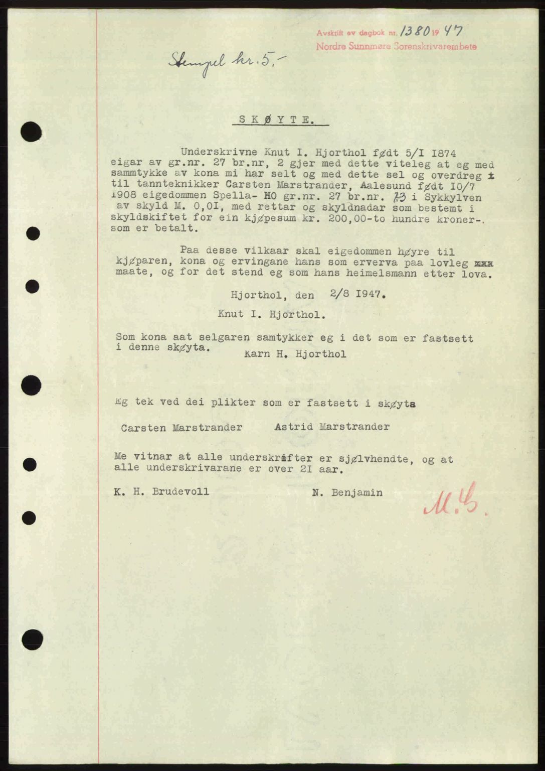 Nordre Sunnmøre sorenskriveri, AV/SAT-A-0006/1/2/2C/2Ca: Mortgage book no. A25, 1947-1947, Diary no: : 1380/1947