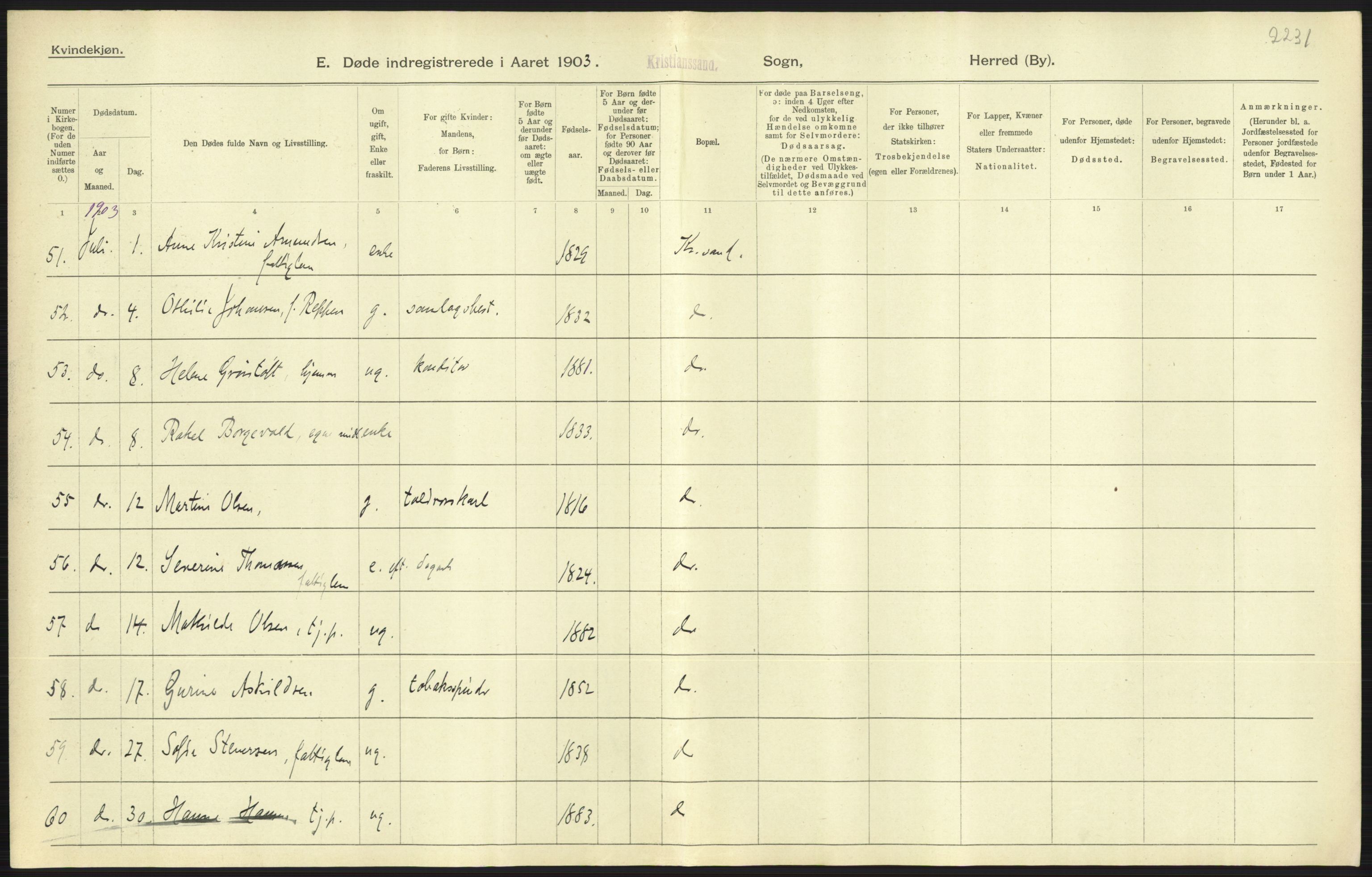 Statistisk sentralbyrå, Sosiodemografiske emner, Befolkning, AV/RA-S-2228/D/Df/Dfa/Dfaa/L0011: Lister og Mandal amt: Fødte, gifte, døde, 1903, p. 541