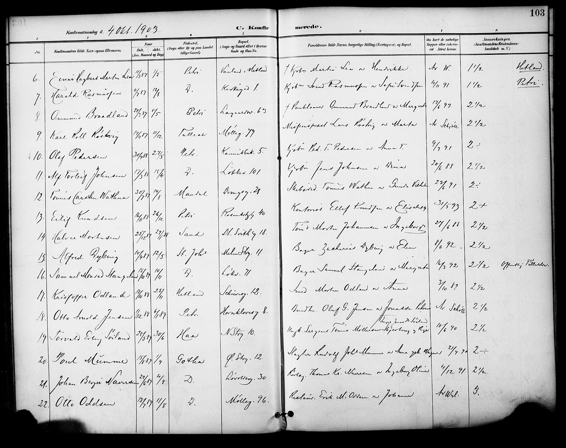 Domkirken sokneprestkontor, AV/SAST-A-101812/001/30/30BA/L0031: Parish register (official) no. A 30, 1896-1916, p. 103