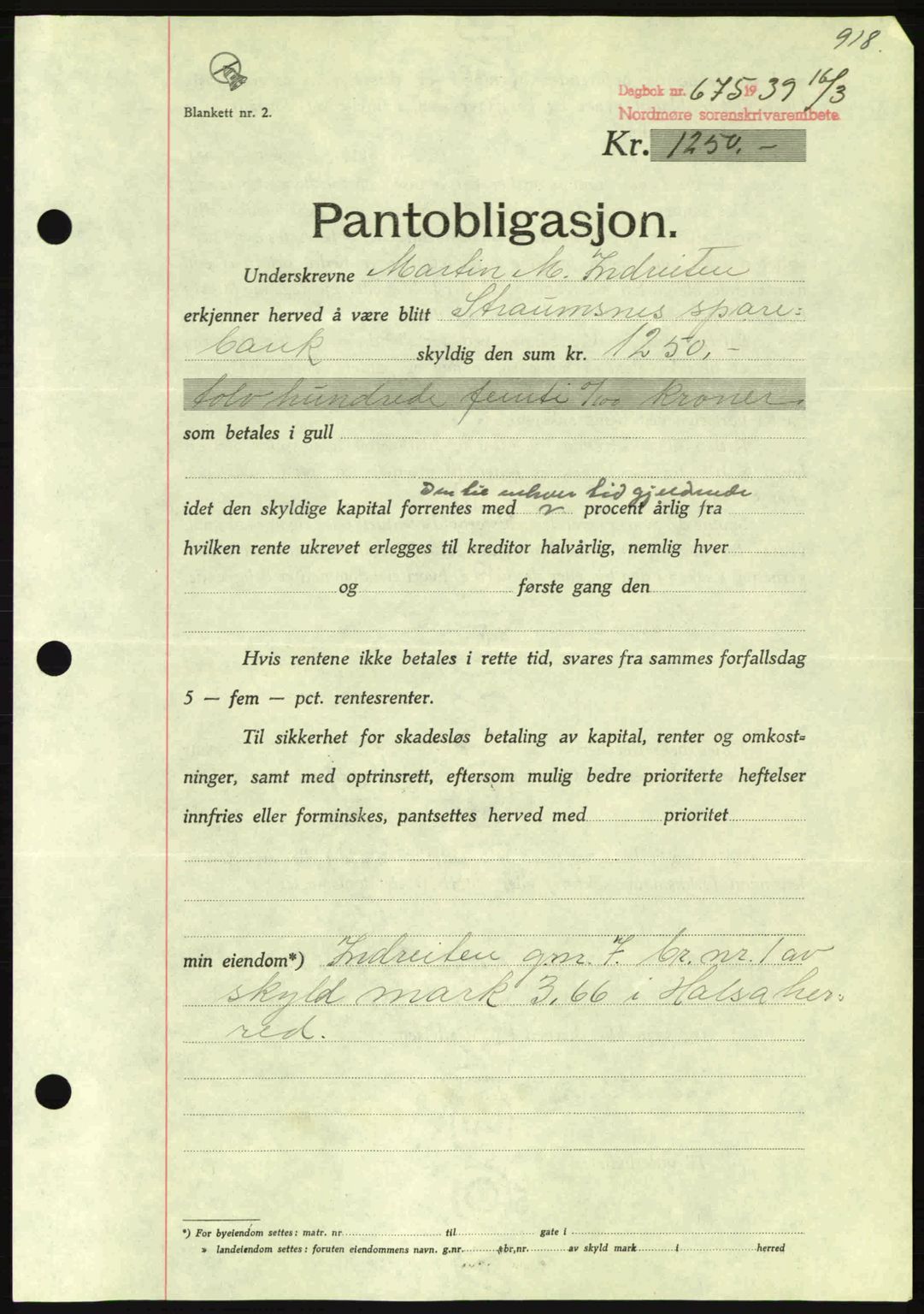 Nordmøre sorenskriveri, SAT/A-4132/1/2/2Ca: Mortgage book no. B84, 1938-1939, Diary no: : 675/1939