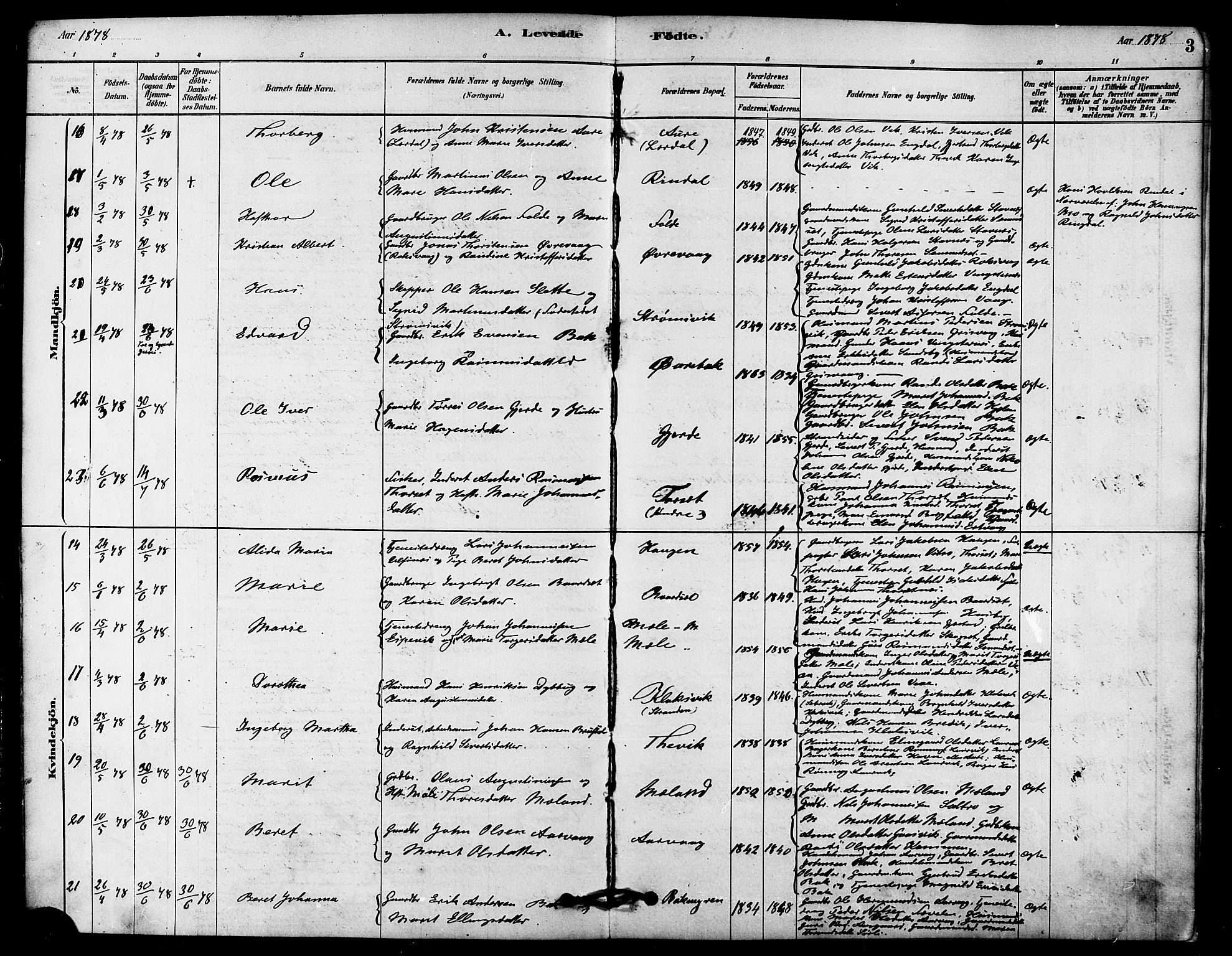 Ministerialprotokoller, klokkerbøker og fødselsregistre - Møre og Romsdal, AV/SAT-A-1454/578/L0906: Parish register (official) no. 578A05, 1878-1886, p. 3