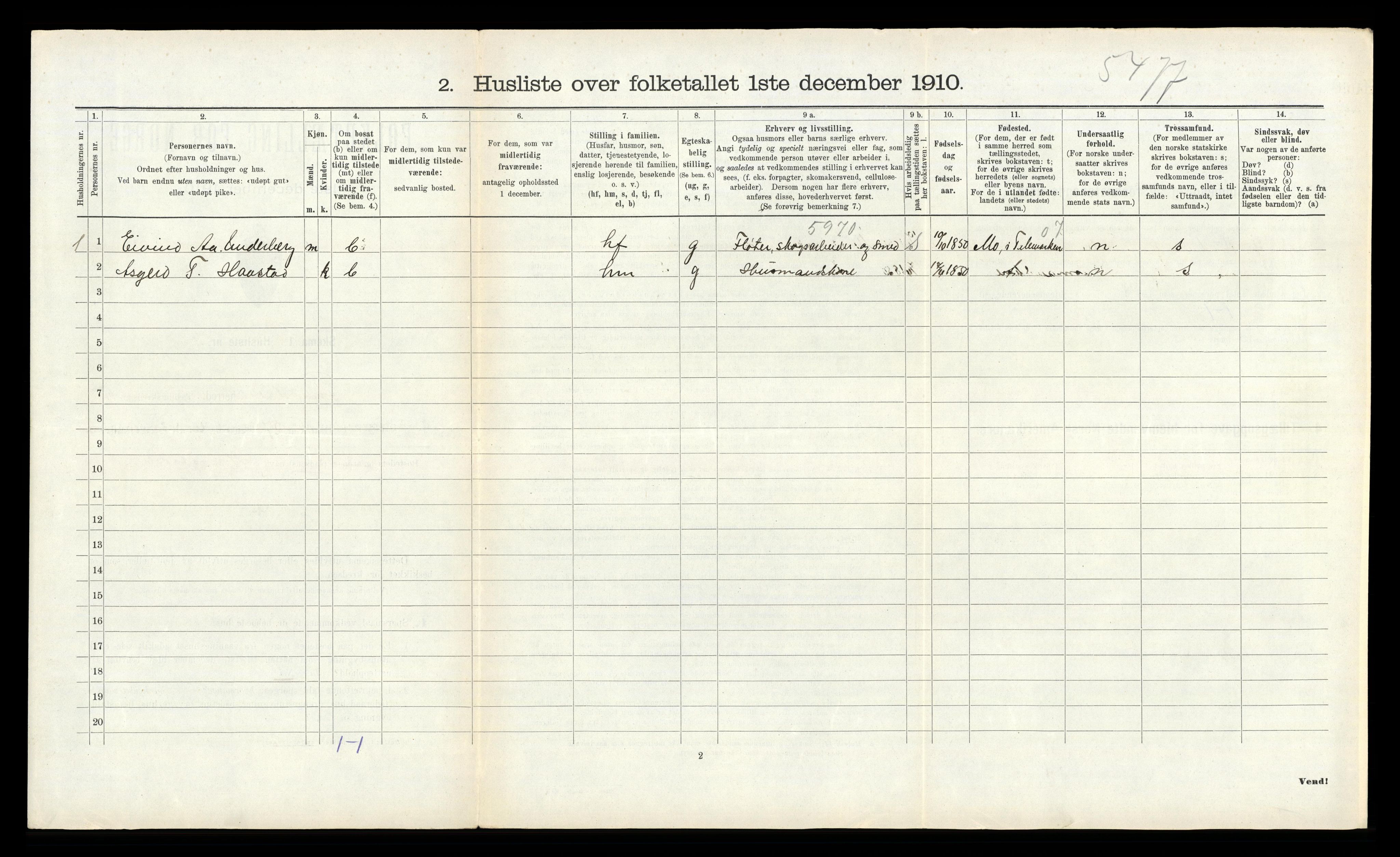 RA, 1910 census for Fyresdal, 1910, p. 312