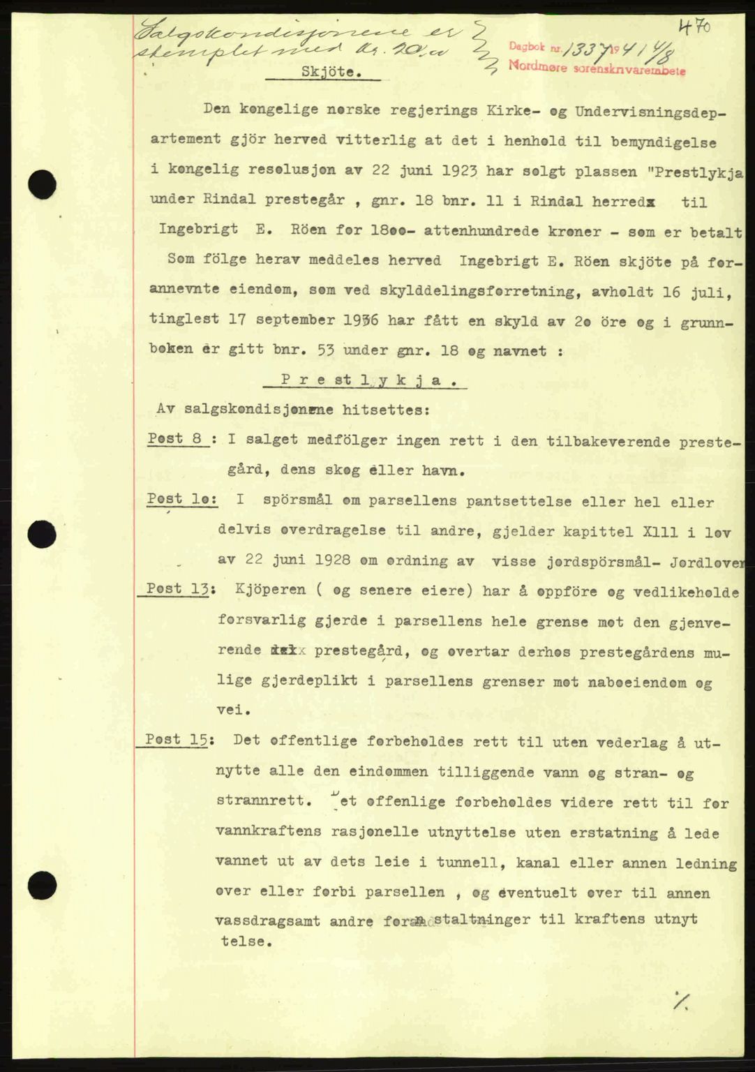 Nordmøre sorenskriveri, SAT/A-4132/1/2/2Ca: Mortgage book no. A90, 1941-1941, Diary no: : 1337/1941