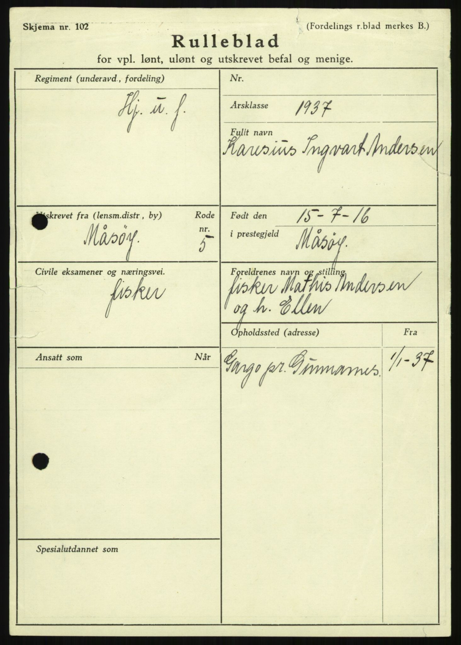 Forsvaret, Troms infanteriregiment nr. 16, AV/RA-RAFA-3146/P/Pa/L0021: Rulleblad for regimentets menige mannskaper, årsklasse 1937, 1937, p. 5