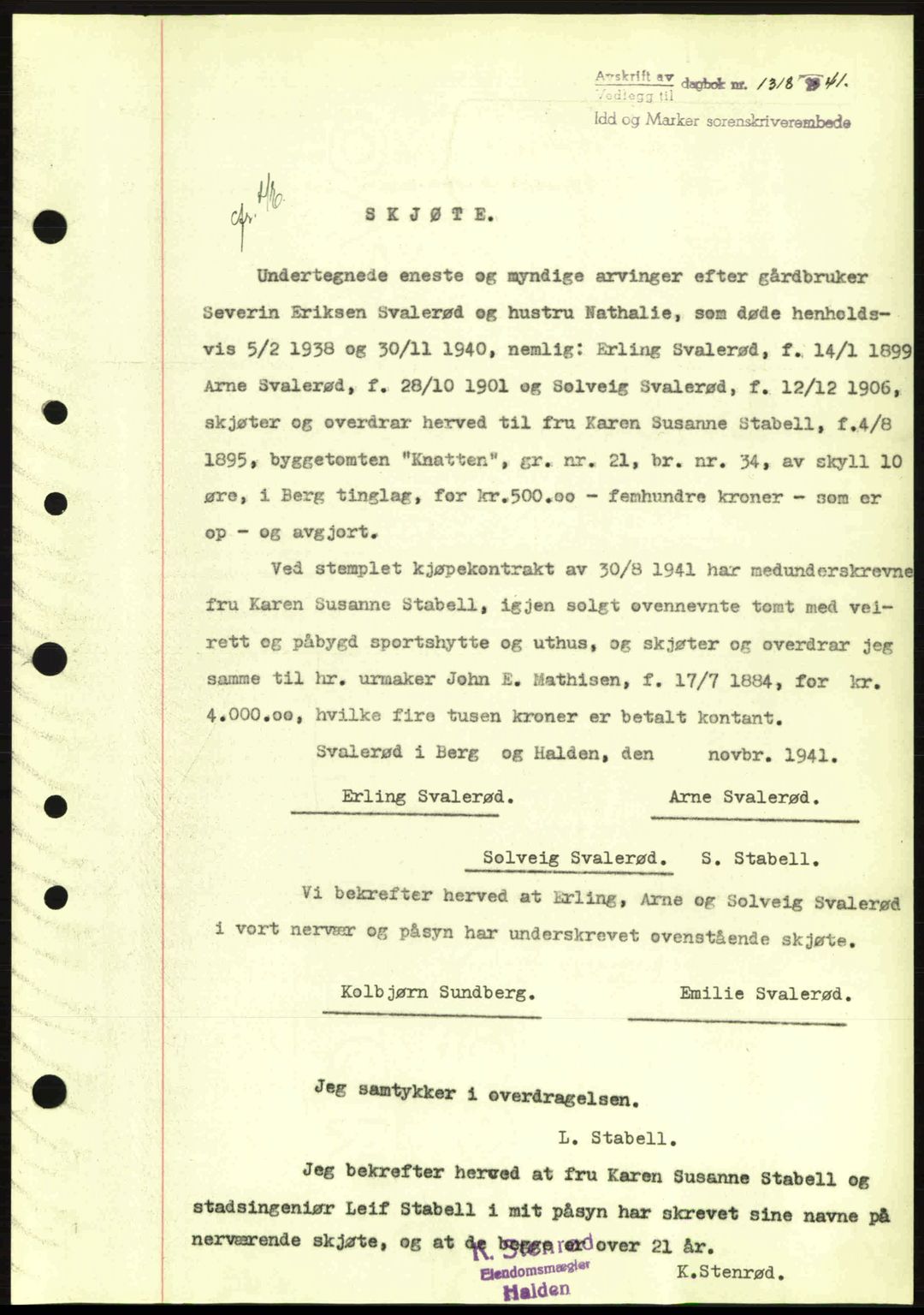 Idd og Marker sorenskriveri, AV/SAO-A-10283/G/Gb/Gbb/L0005: Mortgage book no. A5, 1941-1943, Diary no: : 1318/1941