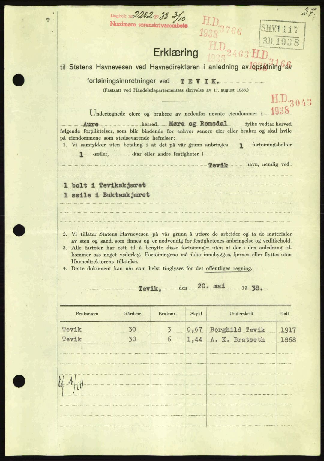 Nordmøre sorenskriveri, SAT/A-4132/1/2/2Ca: Mortgage book no. B84, 1938-1939, Diary no: : 2282/1938