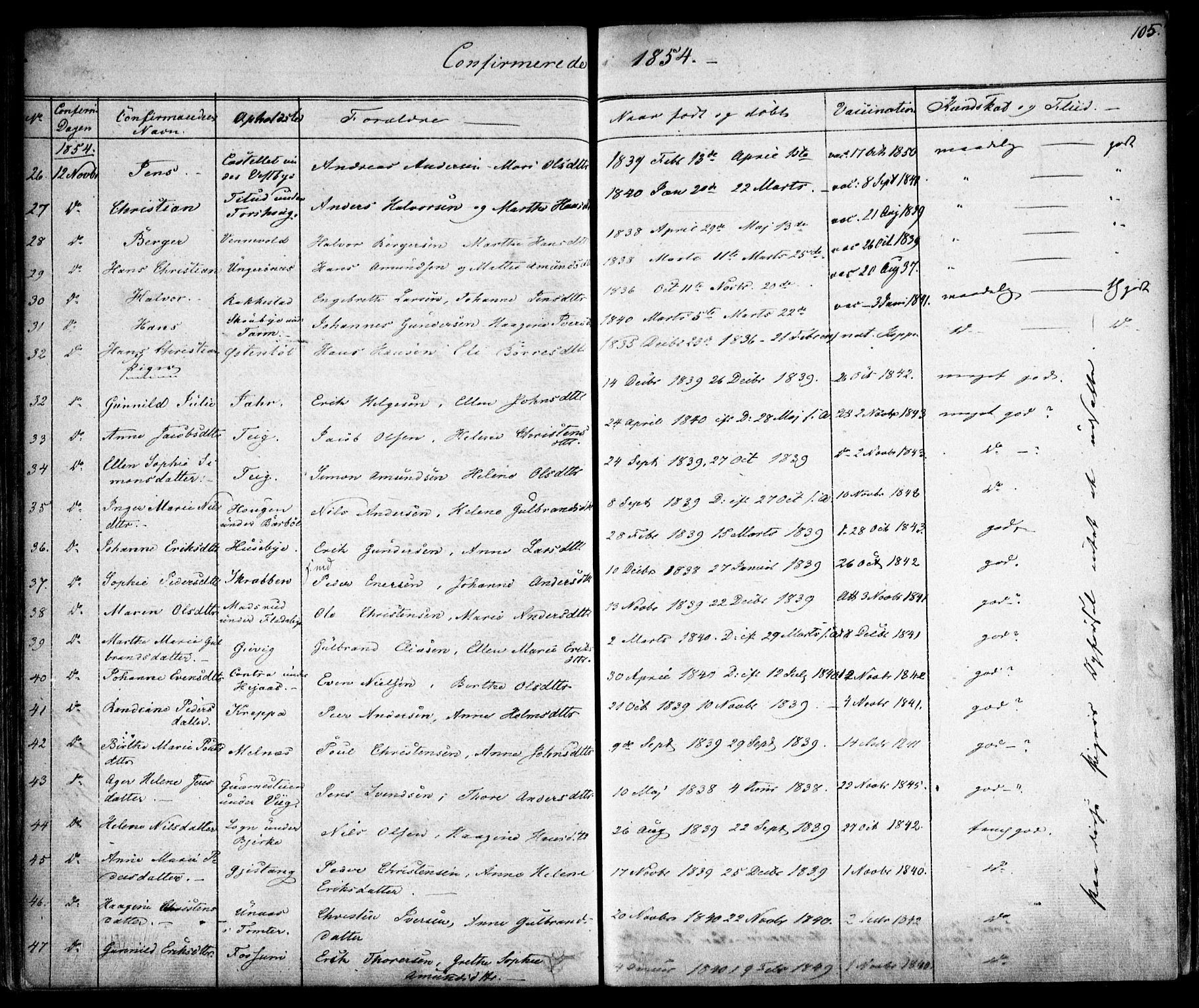 Enebakk prestekontor Kirkebøker, AV/SAO-A-10171c/F/Fa/L0010: Parish register (official) no. I 10, 1829-1876, p. 105
