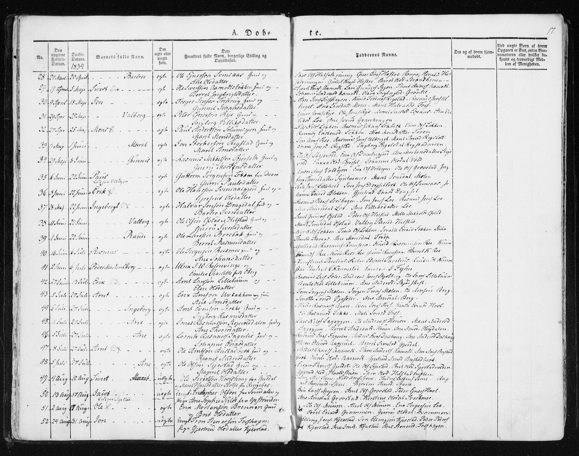 Ministerialprotokoller, klokkerbøker og fødselsregistre - Sør-Trøndelag, SAT/A-1456/672/L0855: Parish register (official) no. 672A07, 1829-1860, p. 17