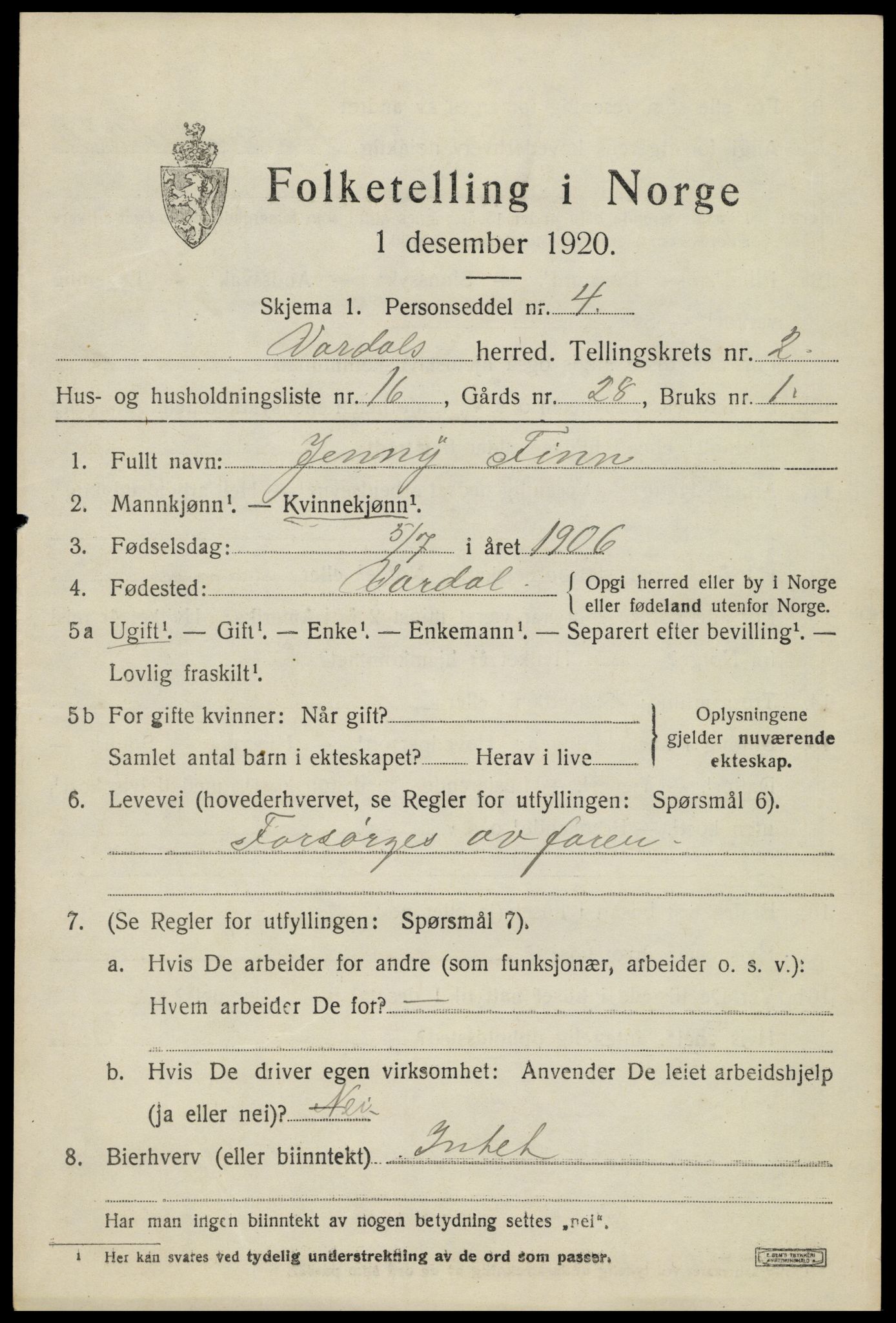 SAH, 1920 census for Vardal, 1920, p. 2643