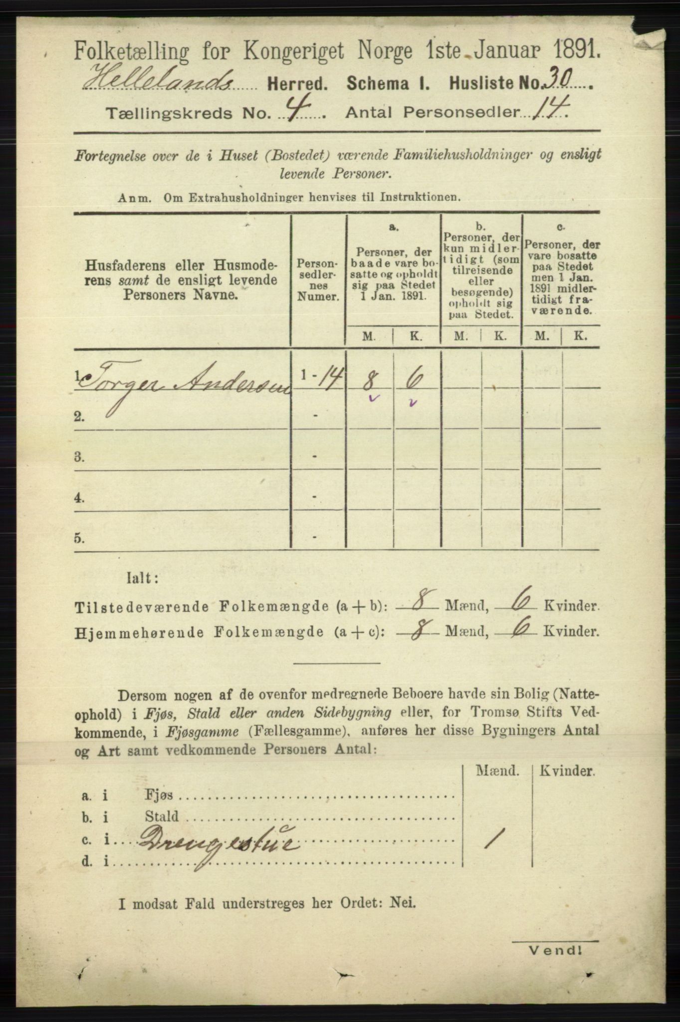 RA, 1891 census for 1115 Helleland, 1891, p. 1141