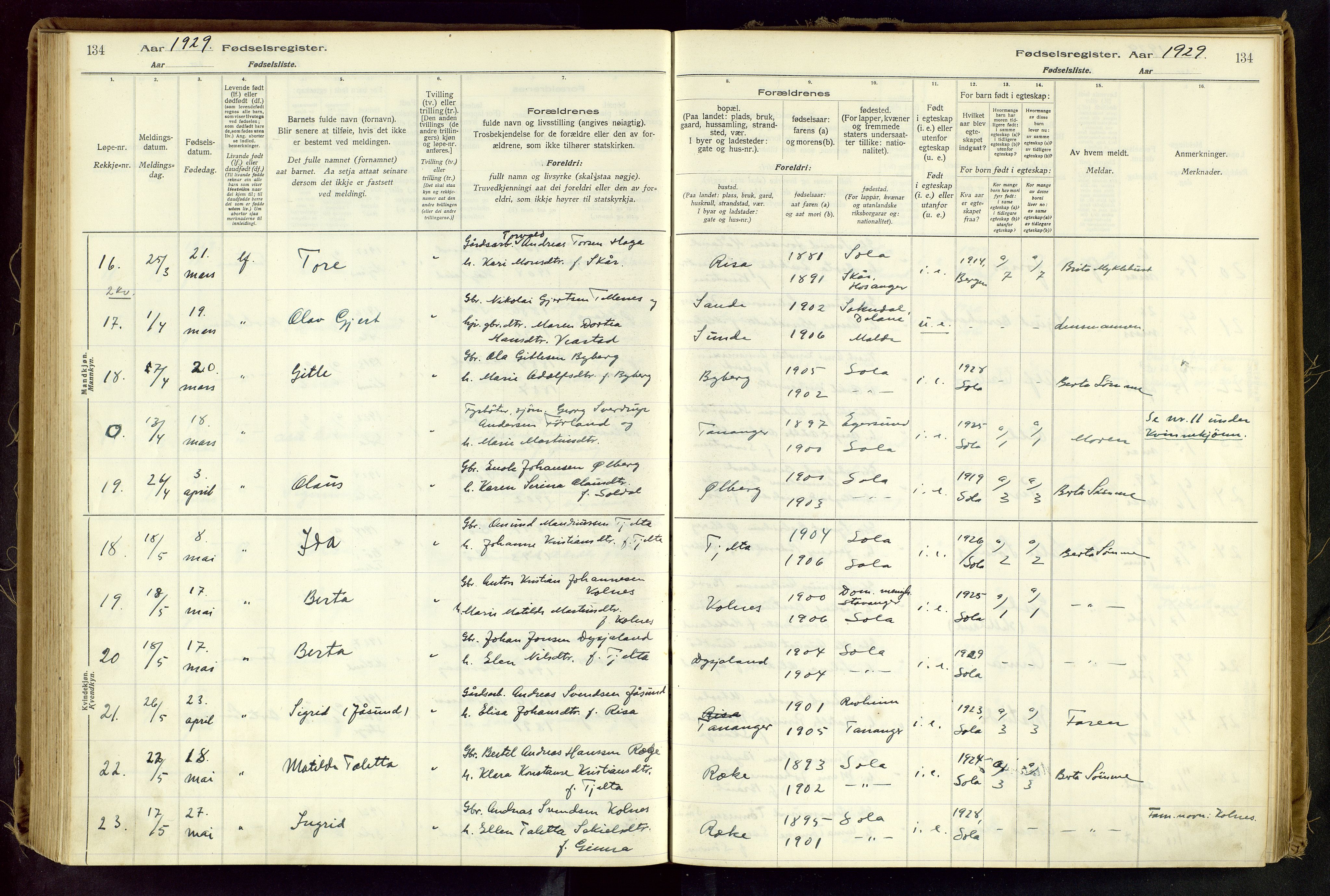 Håland sokneprestkontor, AV/SAST-A-101802/001/704BA/L0001: Birth register no. 1, 1916-1936, p. 134