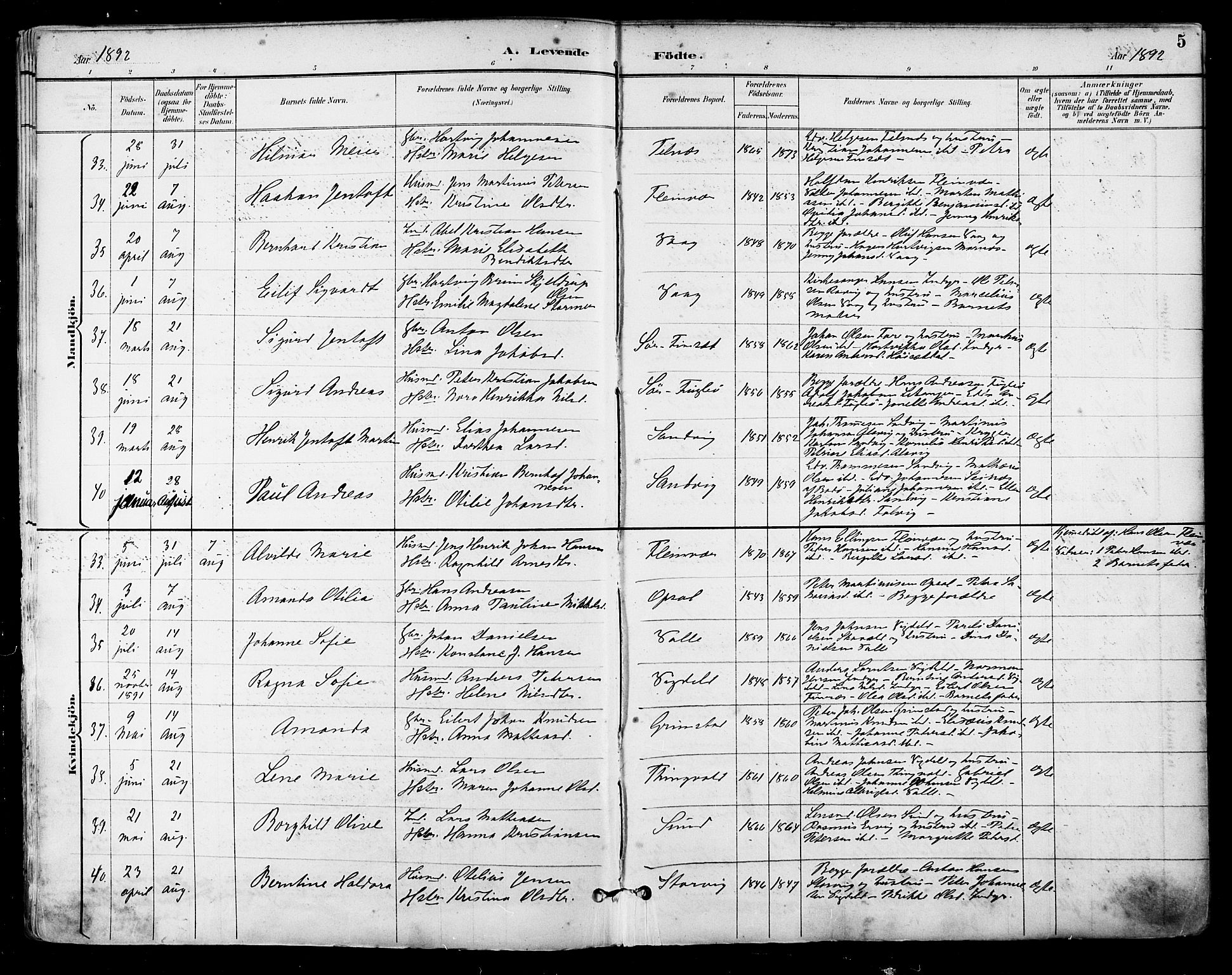 Ministerialprotokoller, klokkerbøker og fødselsregistre - Nordland, SAT/A-1459/805/L0101: Parish register (official) no. 805A07, 1892-1899, p. 5