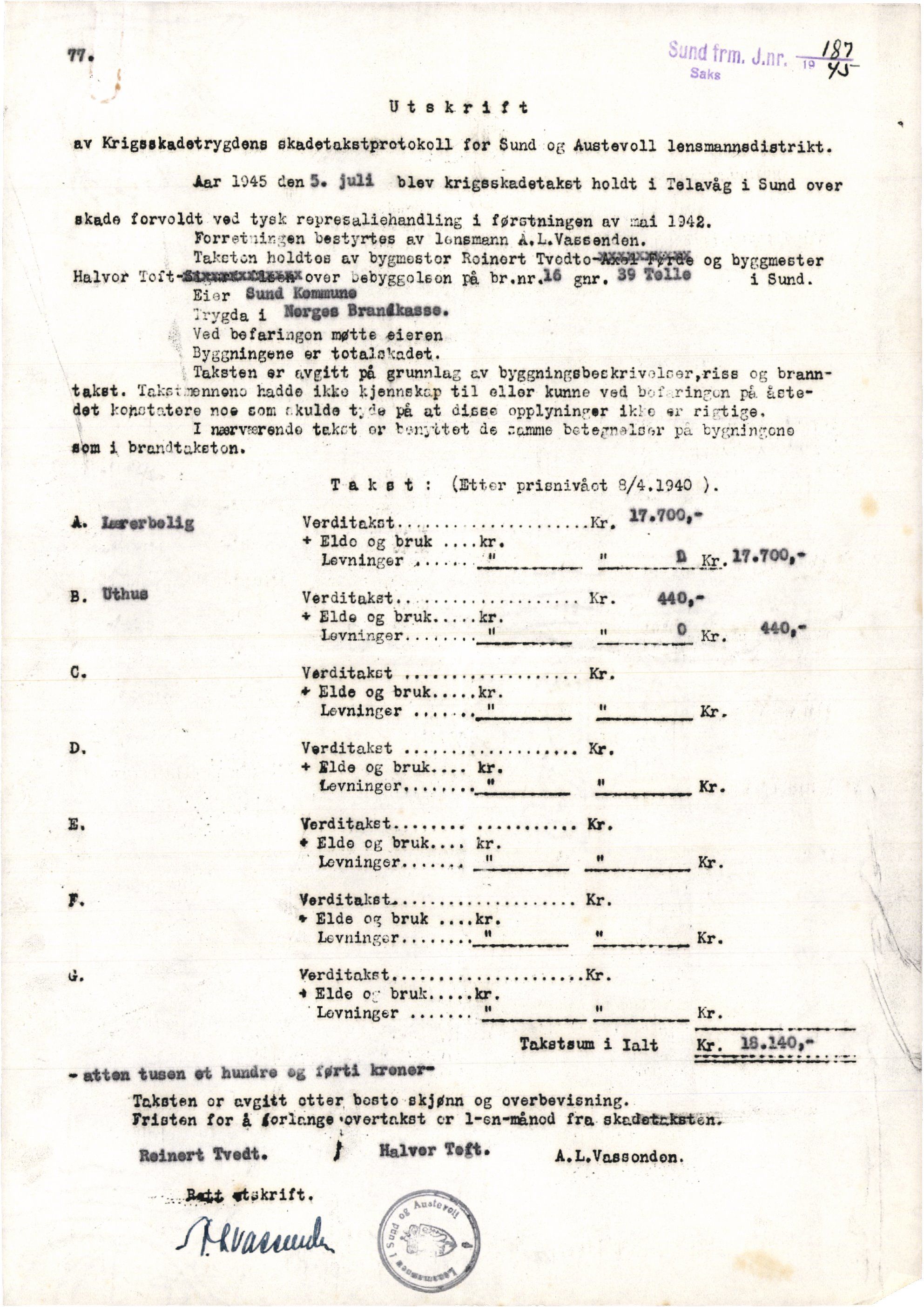 Sund kommune. Formannskapet, IKAH/1245-021/E/Ec/L0013/0002/0001: Emneordna korrespondanse. Skulestellet / Skulestellet: Telavåg skule, 1946