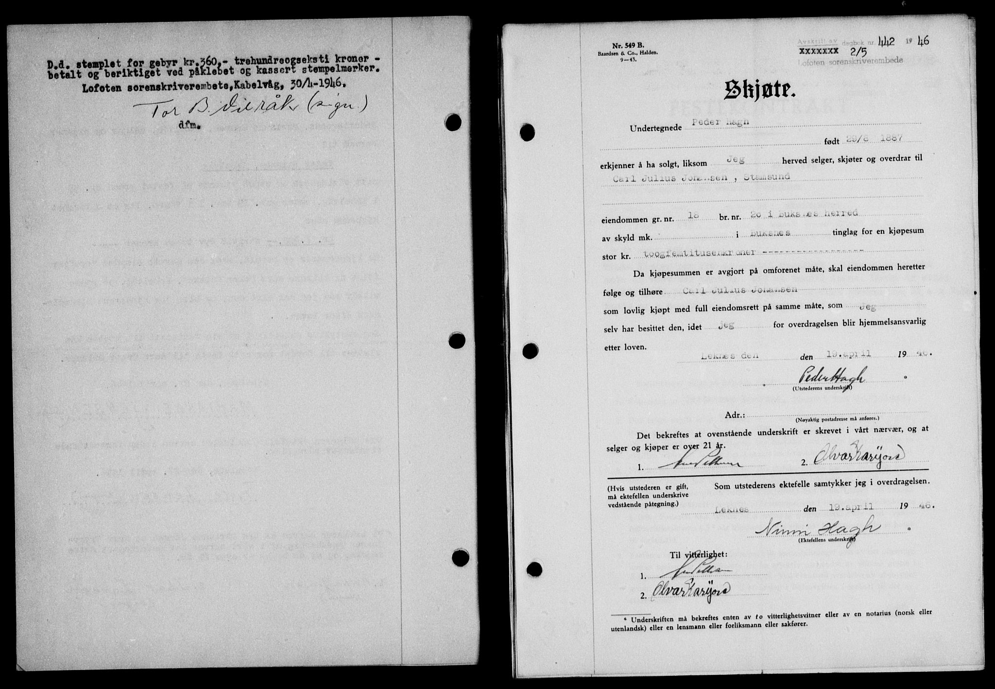 Lofoten sorenskriveri, SAT/A-0017/1/2/2C/L0014a: Mortgage book no. 14a, 1946-1946, Diary no: : 442/1946