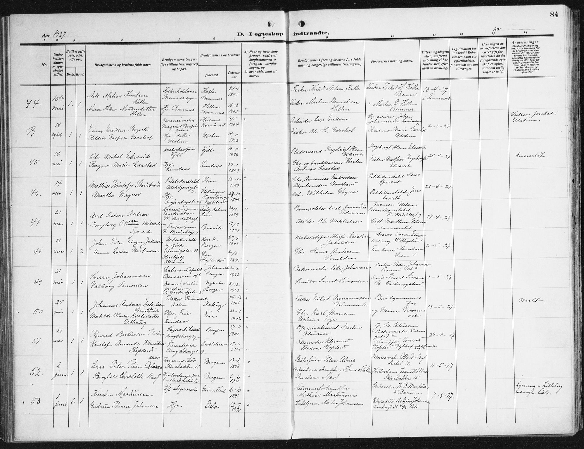 Domkirken sokneprestembete, AV/SAB-A-74801/H/Haa/L0039: Parish register (official) no. D 6, 1921-1937, p. 84