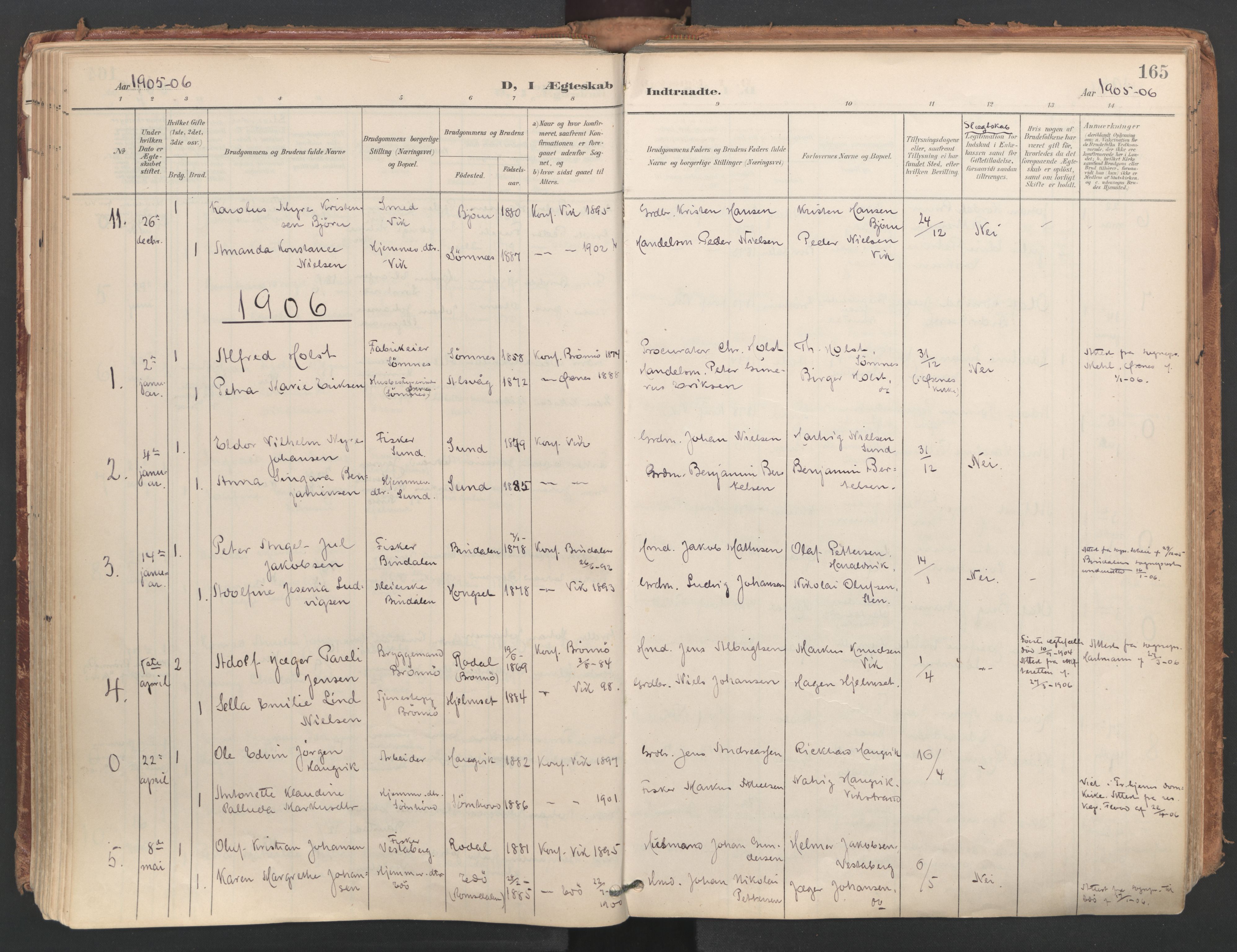 Ministerialprotokoller, klokkerbøker og fødselsregistre - Nordland, SAT/A-1459/812/L0180: Parish register (official) no. 812A09, 1901-1915, p. 165
