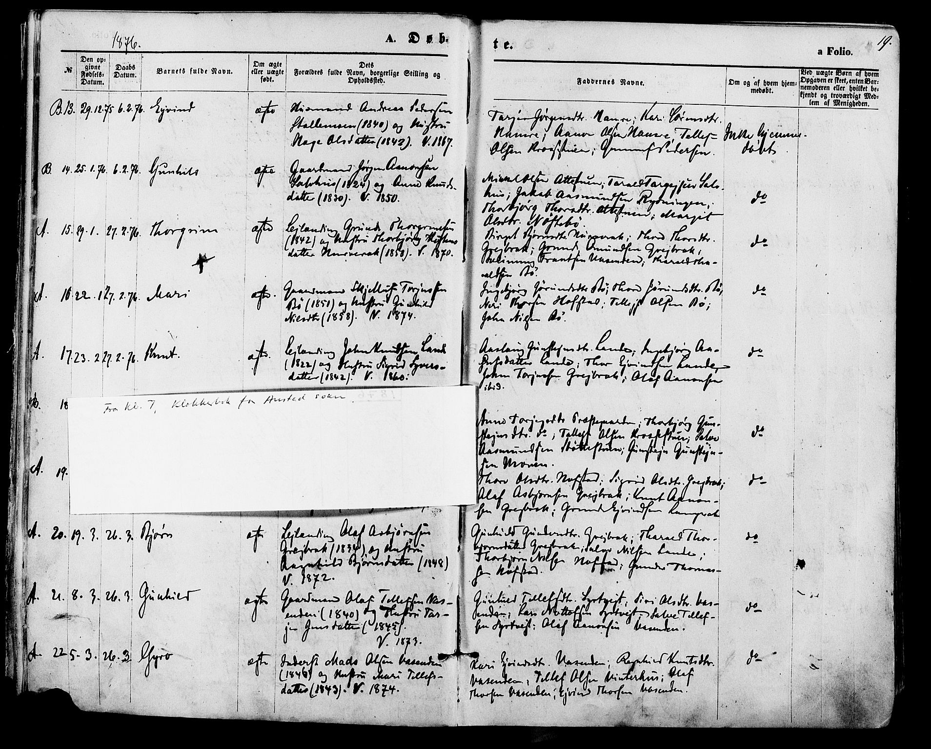 Bygland sokneprestkontor, AV/SAK-1111-0006/F/Fa/Fab/L0006: Parish register (official) no. A 6, 1873-1884, p. 19