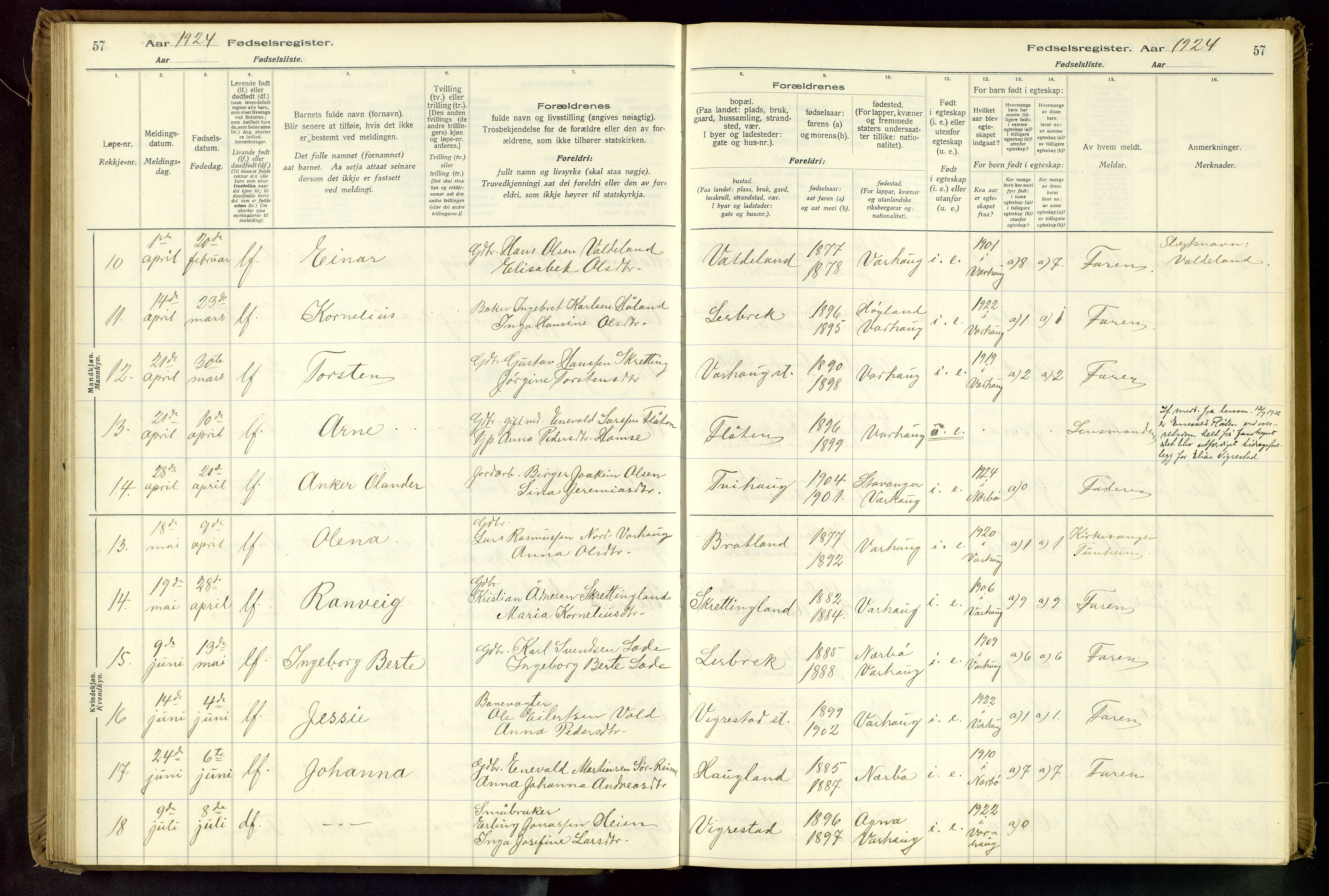 Hå sokneprestkontor, AV/SAST-A-101801/001/704BA/L0001: Birth register no. 1, 1916-1944, p. 57