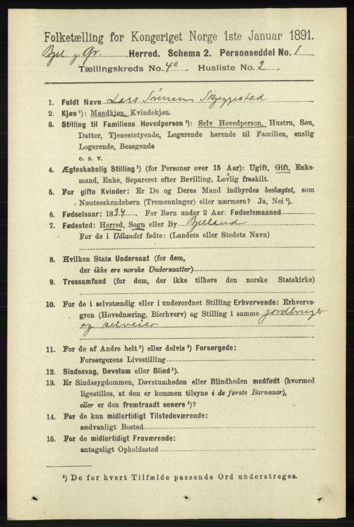 RA, 1891 census for 1024 Bjelland og Grindheim, 1891, p. 2086