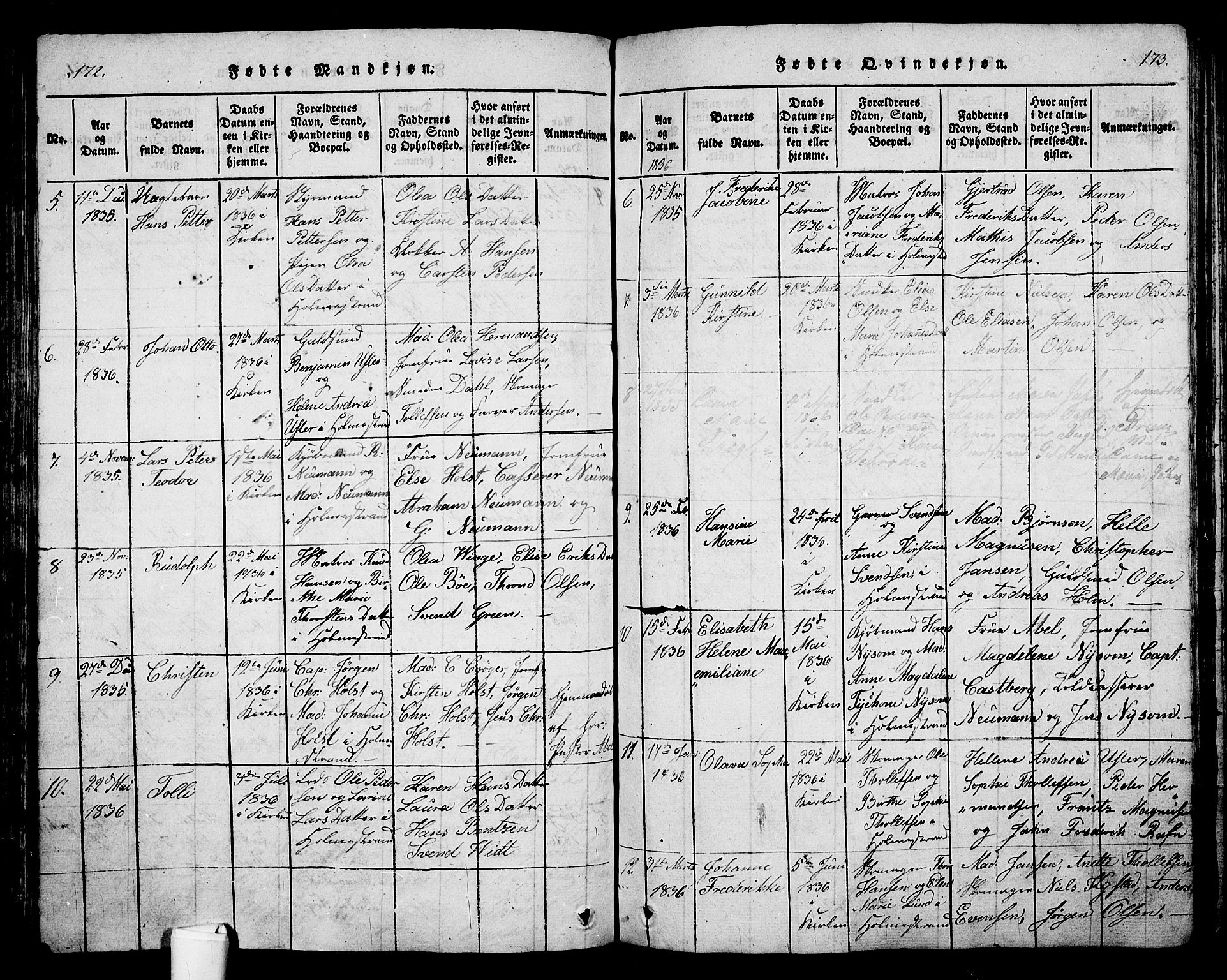 Holmestrand kirkebøker, AV/SAKO-A-346/G/Ga/L0001: Parish register (copy) no. 1, 1814-1848, p. 172-173