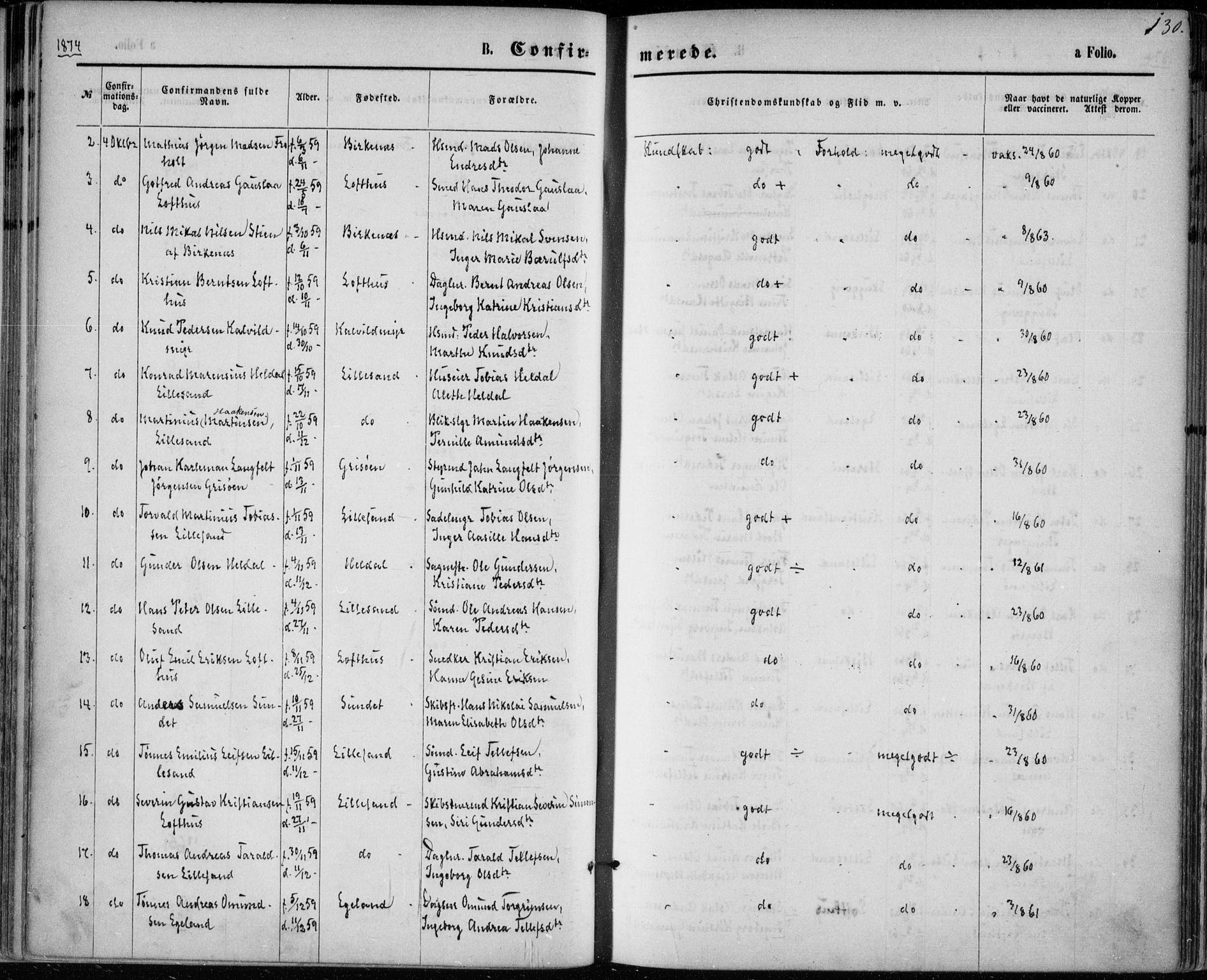 Vestre Moland sokneprestkontor, AV/SAK-1111-0046/F/Fa/Fab/L0008: Parish register (official) no. A 8, 1873-1883, p. 130