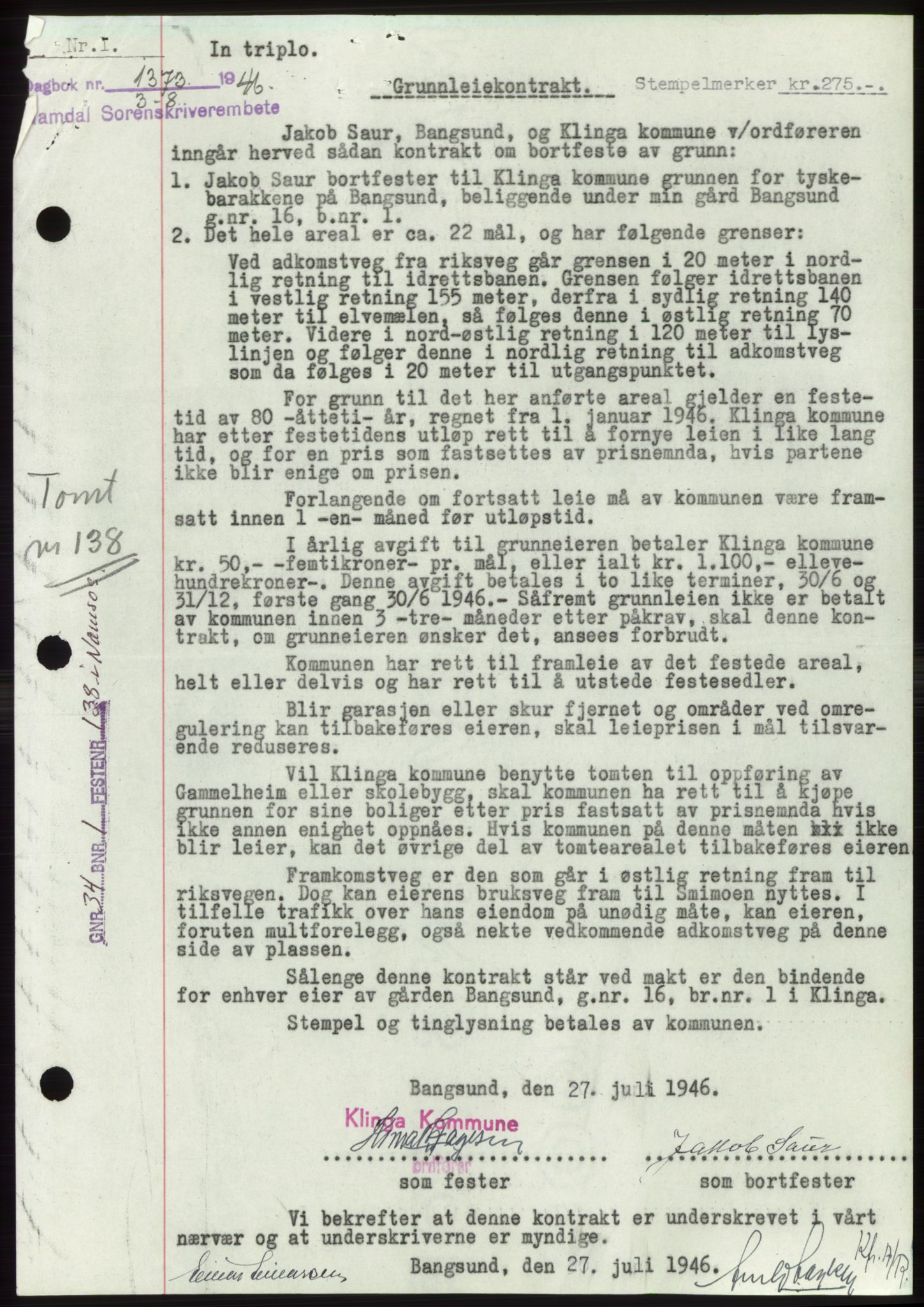 Namdal sorenskriveri, AV/SAT-A-4133/1/2/2C: Mortgage book no. -, 1946-1946, Diary no: : 1373/1946