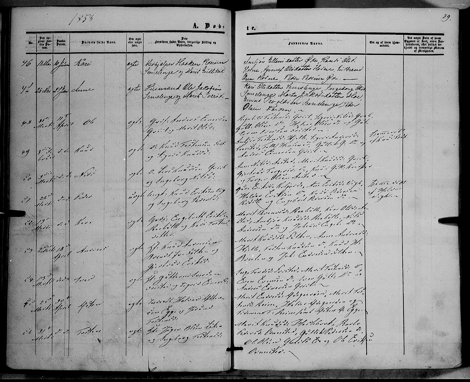 Vestre Slidre prestekontor, SAH/PREST-136/H/Ha/Haa/L0002: Parish register (official) no. 2, 1856-1864, p. 39