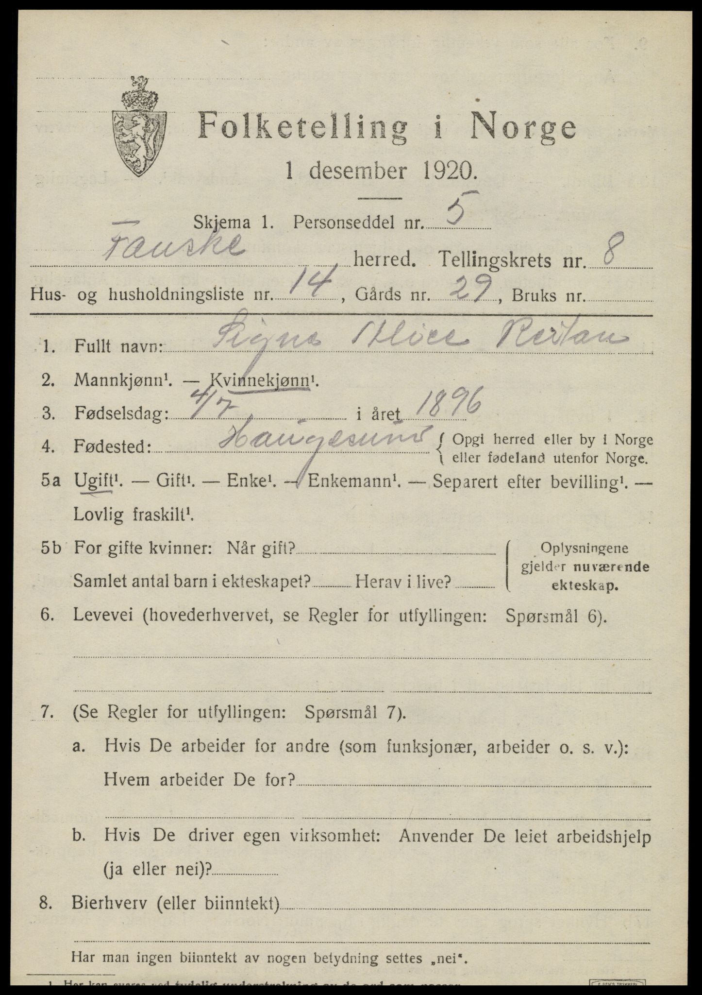 SAT, 1920 census for Fauske, 1920, p. 6460