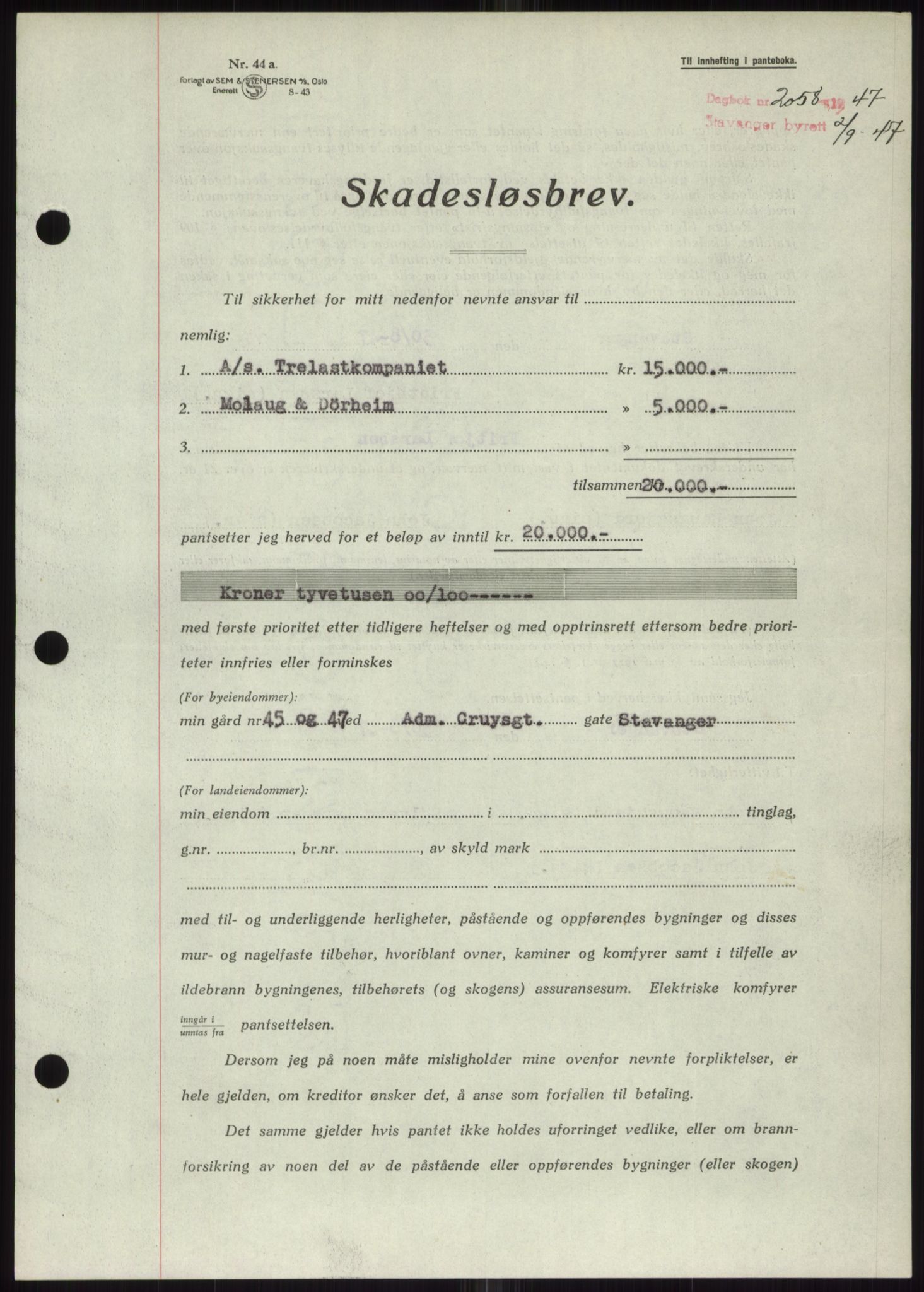 Stavanger byrett, SAST/A-100455/002/G/Gb/L0032: Mortgage book, 1947-1950, Diary no: : 2058/1947
