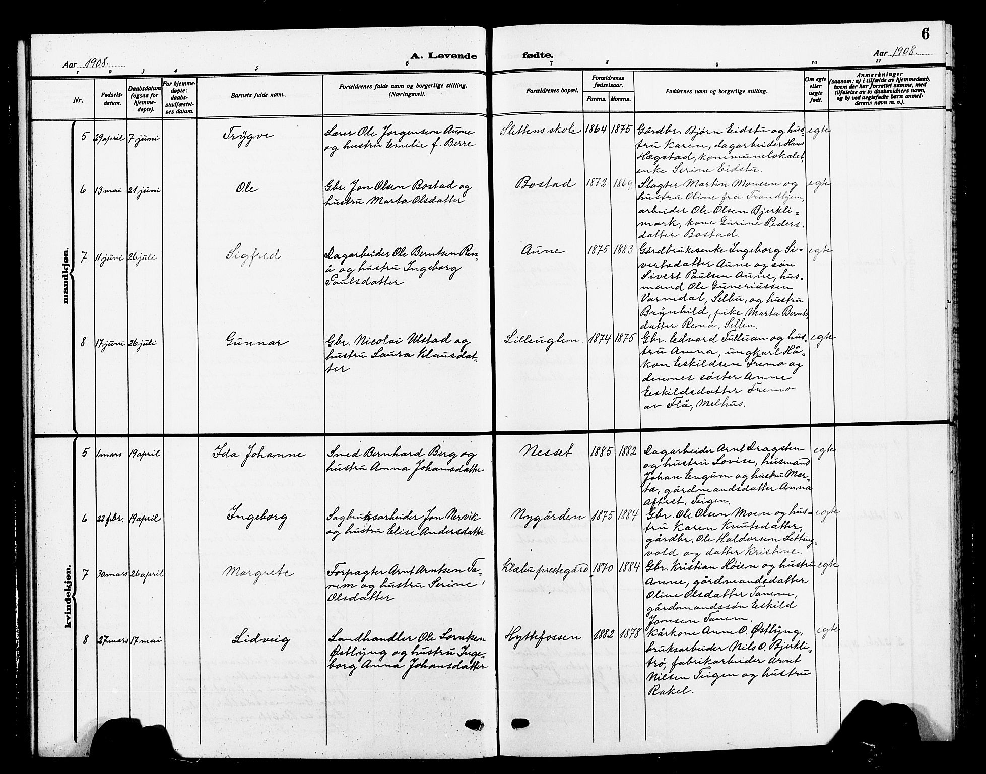 Ministerialprotokoller, klokkerbøker og fødselsregistre - Sør-Trøndelag, SAT/A-1456/618/L0453: Parish register (copy) no. 618C04, 1907-1925, p. 6
