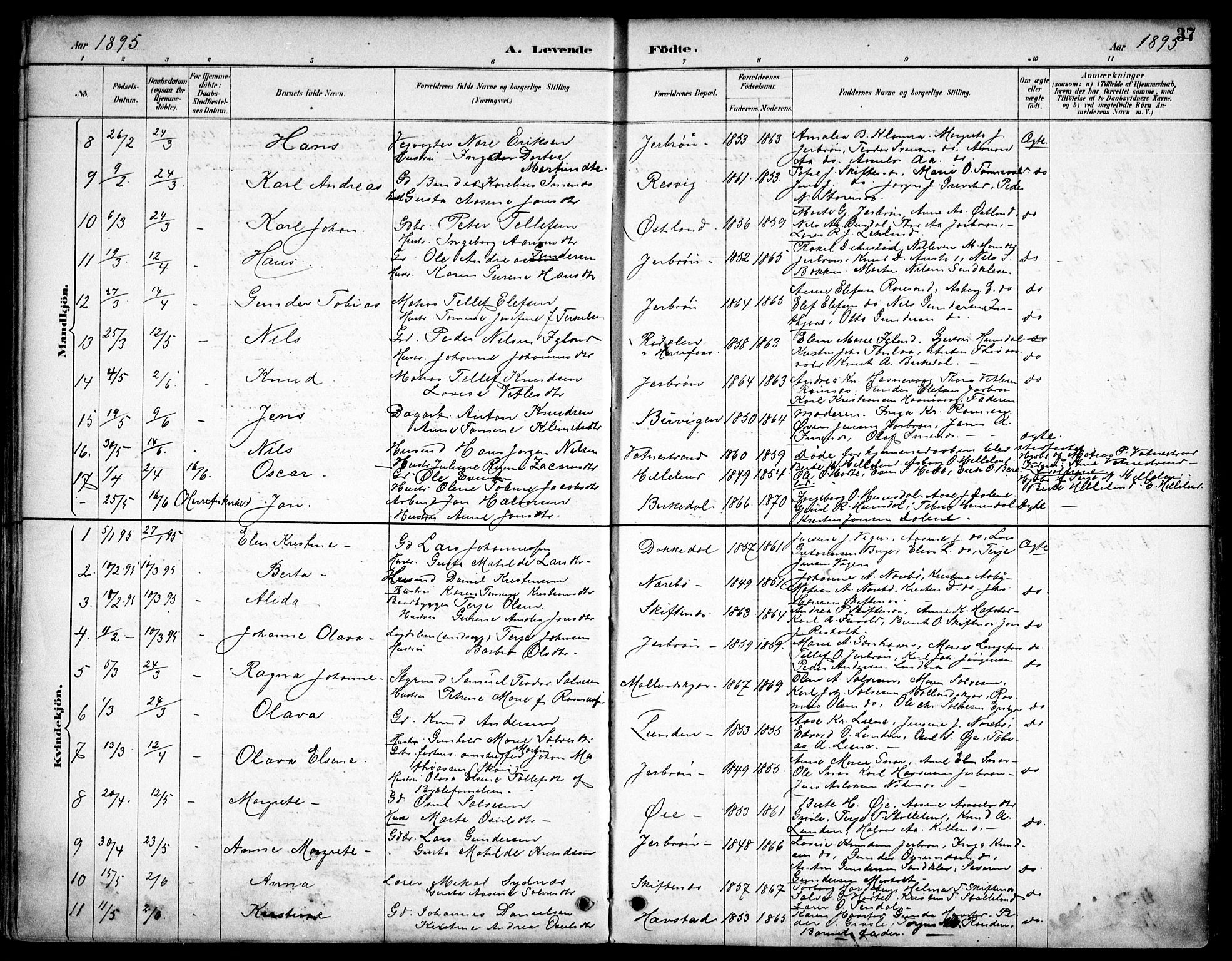 Hommedal sokneprestkontor, SAK/1111-0023/F/Fb/Fbb/L0007: Parish register (copy) no. B 7, 1885-1904, p. 37