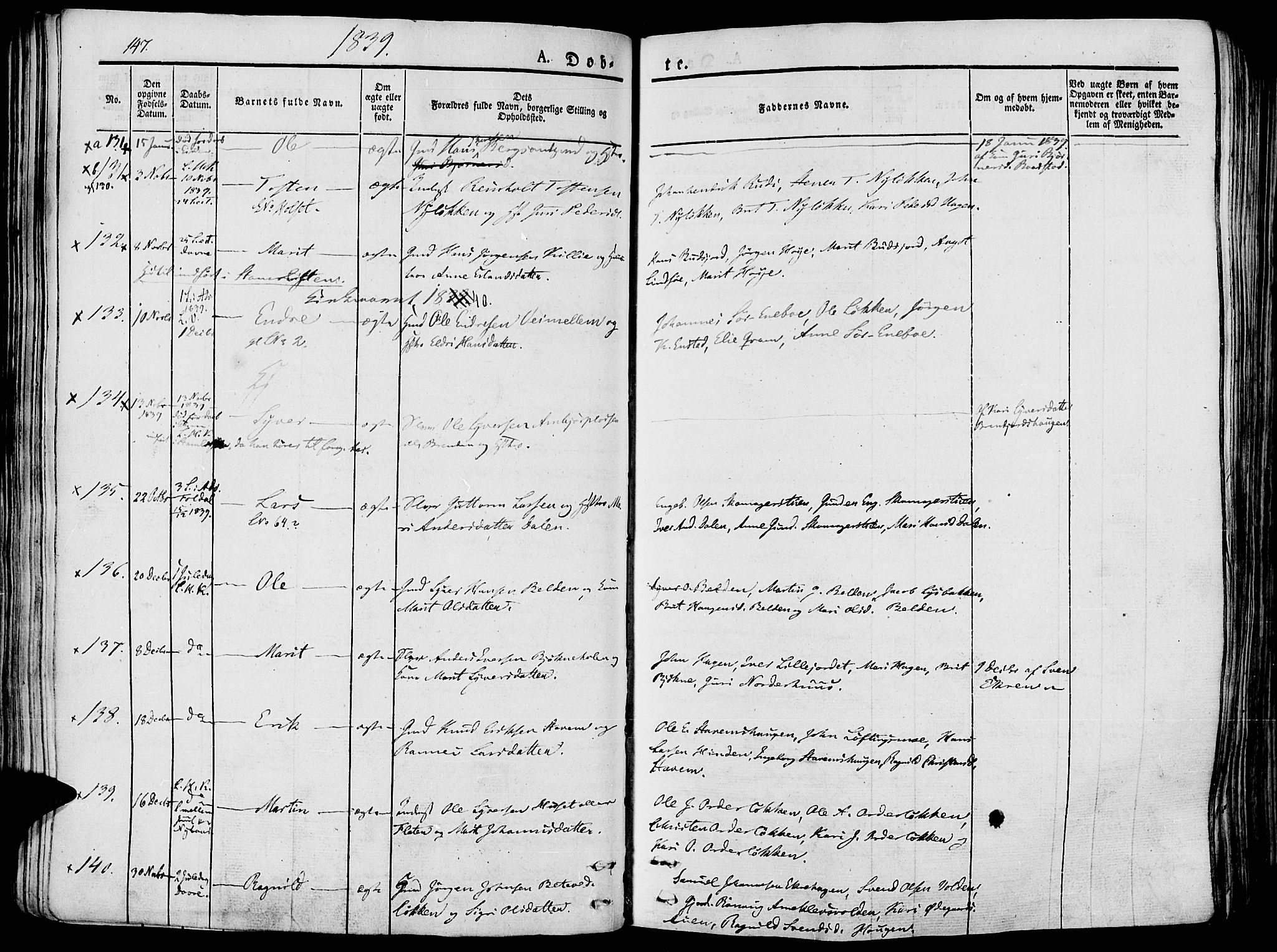 Lesja prestekontor, SAH/PREST-068/H/Ha/Haa/L0005: Parish register (official) no. 5, 1830-1842, p. 147