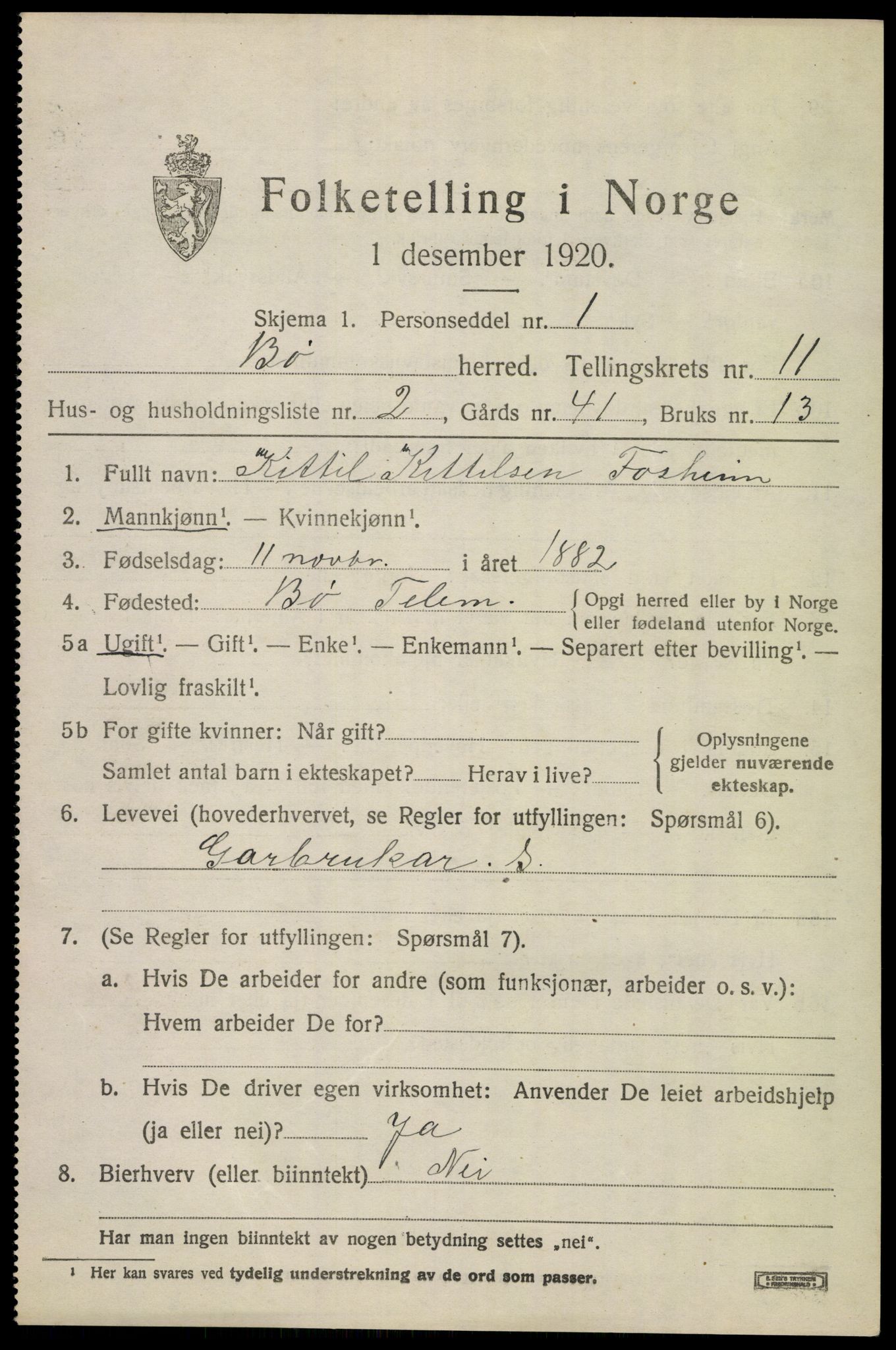 SAKO, 1920 census for Bø (Telemark), 1920, p. 6696