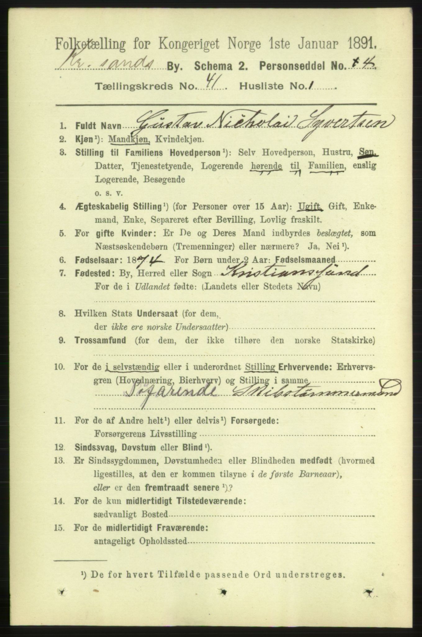 RA, 1891 census for 1001 Kristiansand, 1891, p. 12487