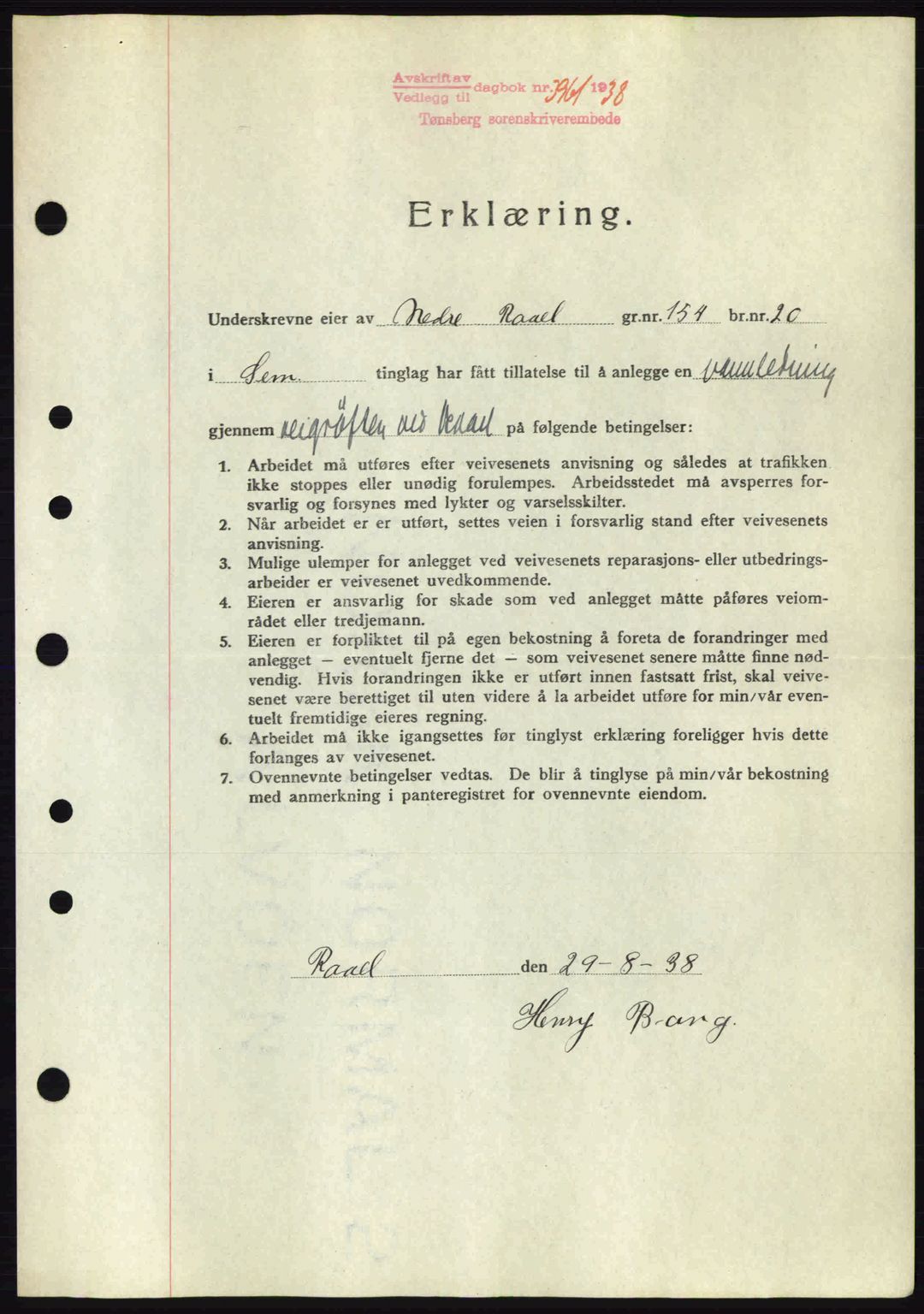 Jarlsberg sorenskriveri, SAKO/A-131/G/Ga/Gaa/L0006: Mortgage book no. A-6, 1938-1939, Diary no: : 3961/1938