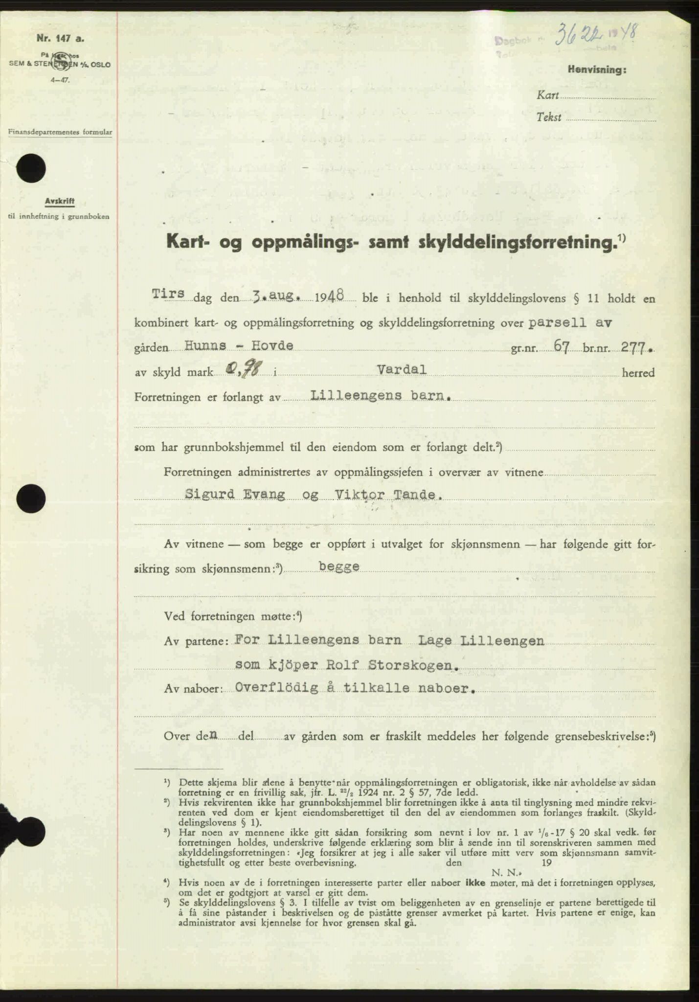 Toten tingrett, SAH/TING-006/H/Hb/Hbc/L0020: Mortgage book no. Hbc-20, 1948-1948, Diary no: : 3622/1948