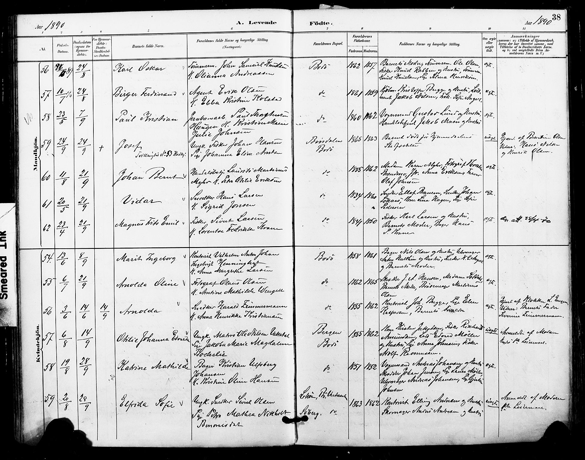 Ministerialprotokoller, klokkerbøker og fødselsregistre - Nordland, SAT/A-1459/801/L0010: Parish register (official) no. 801A10, 1888-1899, p. 38