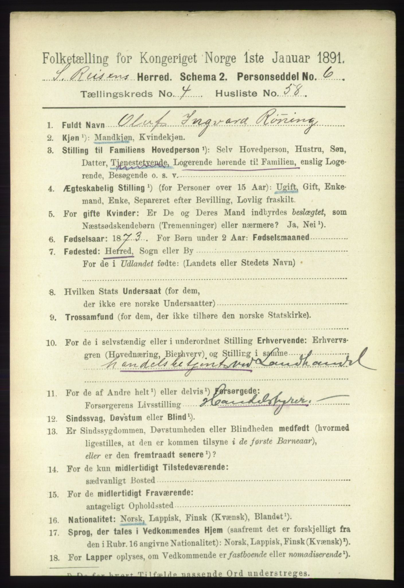 RA, 1891 census for 1925 Sørreisa, 1891, p. 1500