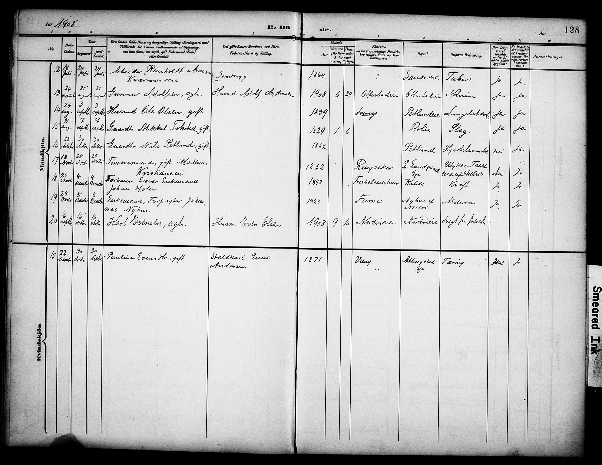 Stange prestekontor, AV/SAH-PREST-002/K/L0022: Parish register (official) no. 22, 1903-1914, p. 128