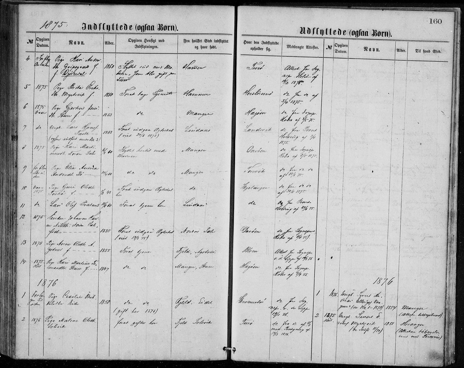 Herdla Sokneprestembete, AV/SAB-A-75701/H/Haa: Parish register (official) no. A 2, 1869-1877, p. 160