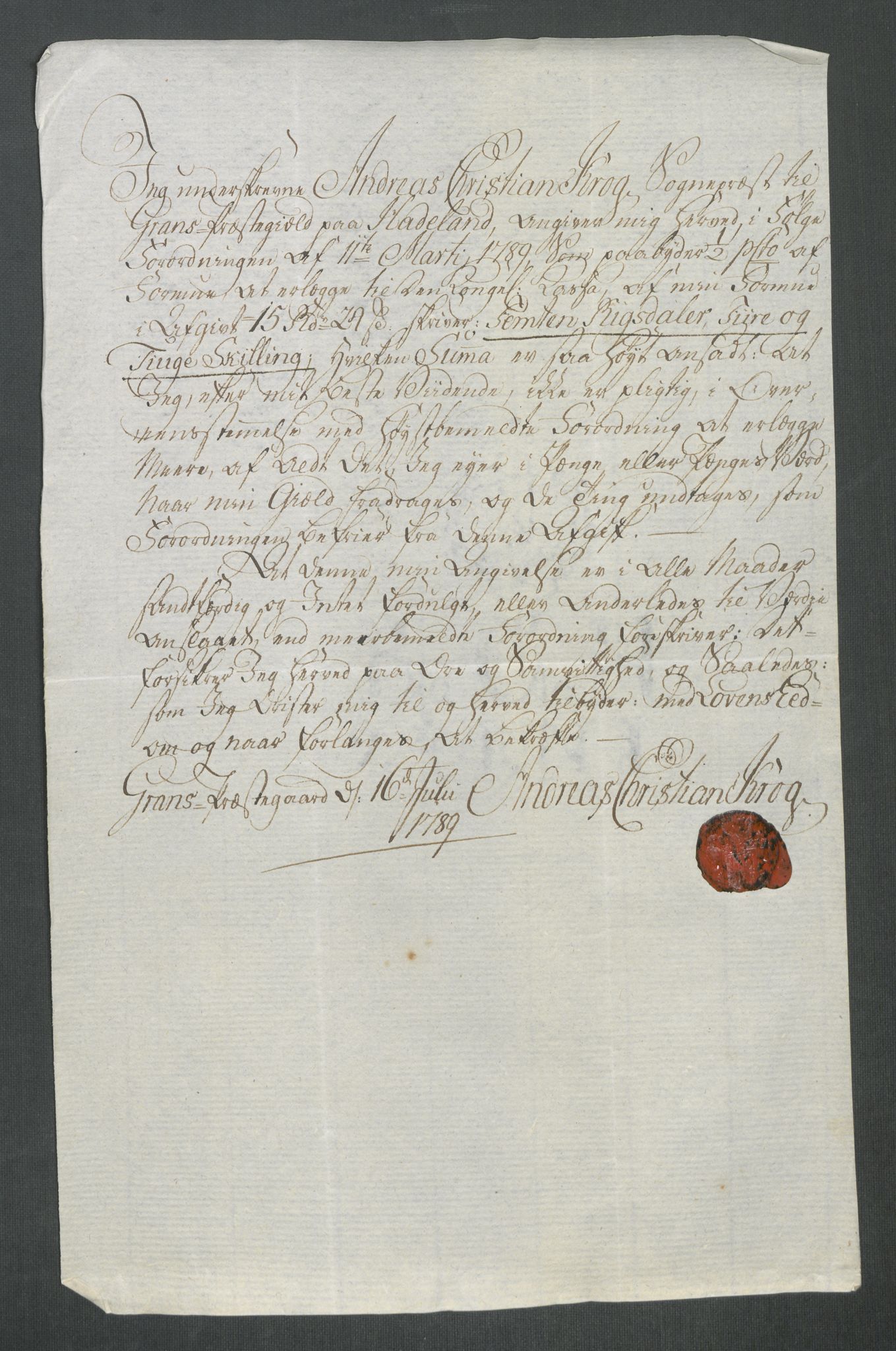 Rentekammeret inntil 1814, Reviderte regnskaper, Mindre regnskaper, AV/RA-EA-4068/Rf/Rfe/L0051: Toten fogderi, Trondheim, 1789, p. 294