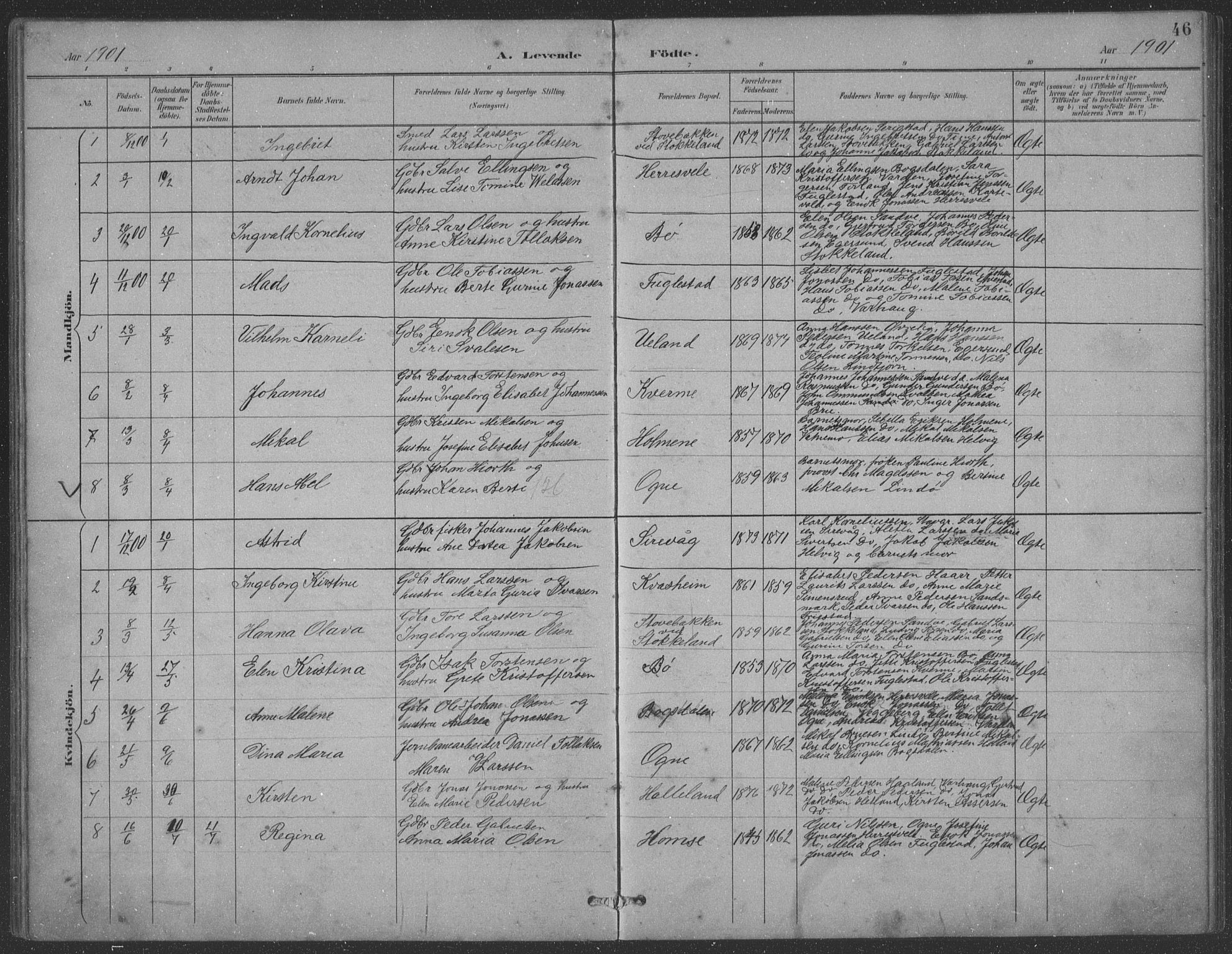 Eigersund sokneprestkontor, SAST/A-101807/S09: Parish register (copy) no. B 21, 1890-1915, p. 46