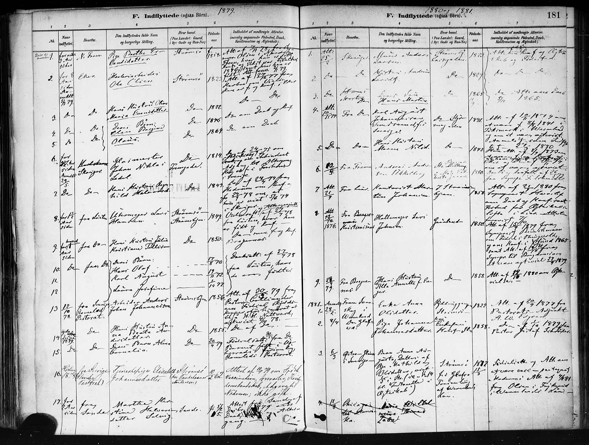 Strømsø kirkebøker, AV/SAKO-A-246/F/Fa/L0022: Parish register (official) no. I 22, 1879-1899, p. 181