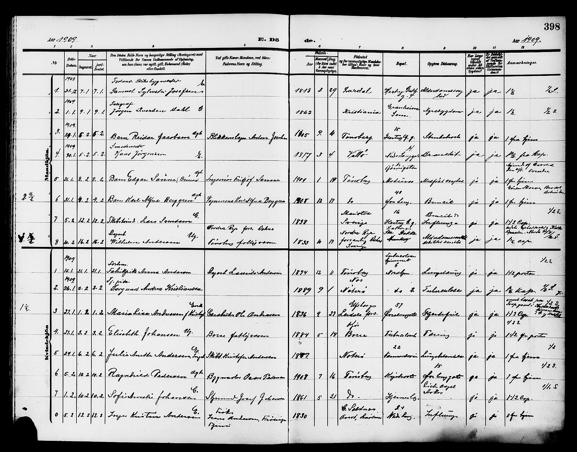 Tønsberg kirkebøker, AV/SAKO-A-330/G/Ga/L0008: Parish register (copy) no. 8, 1905-1912, p. 398