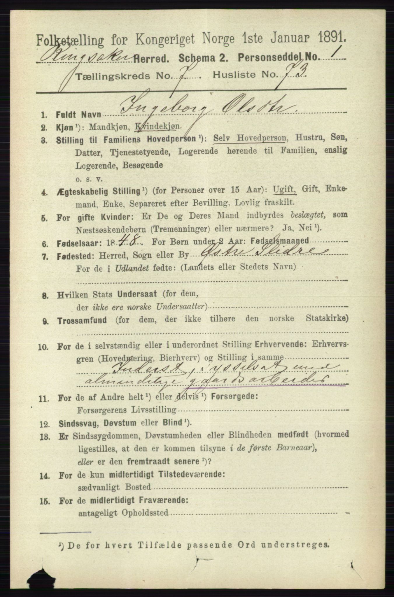 RA, 1891 census for 0412 Ringsaker, 1891, p. 4372