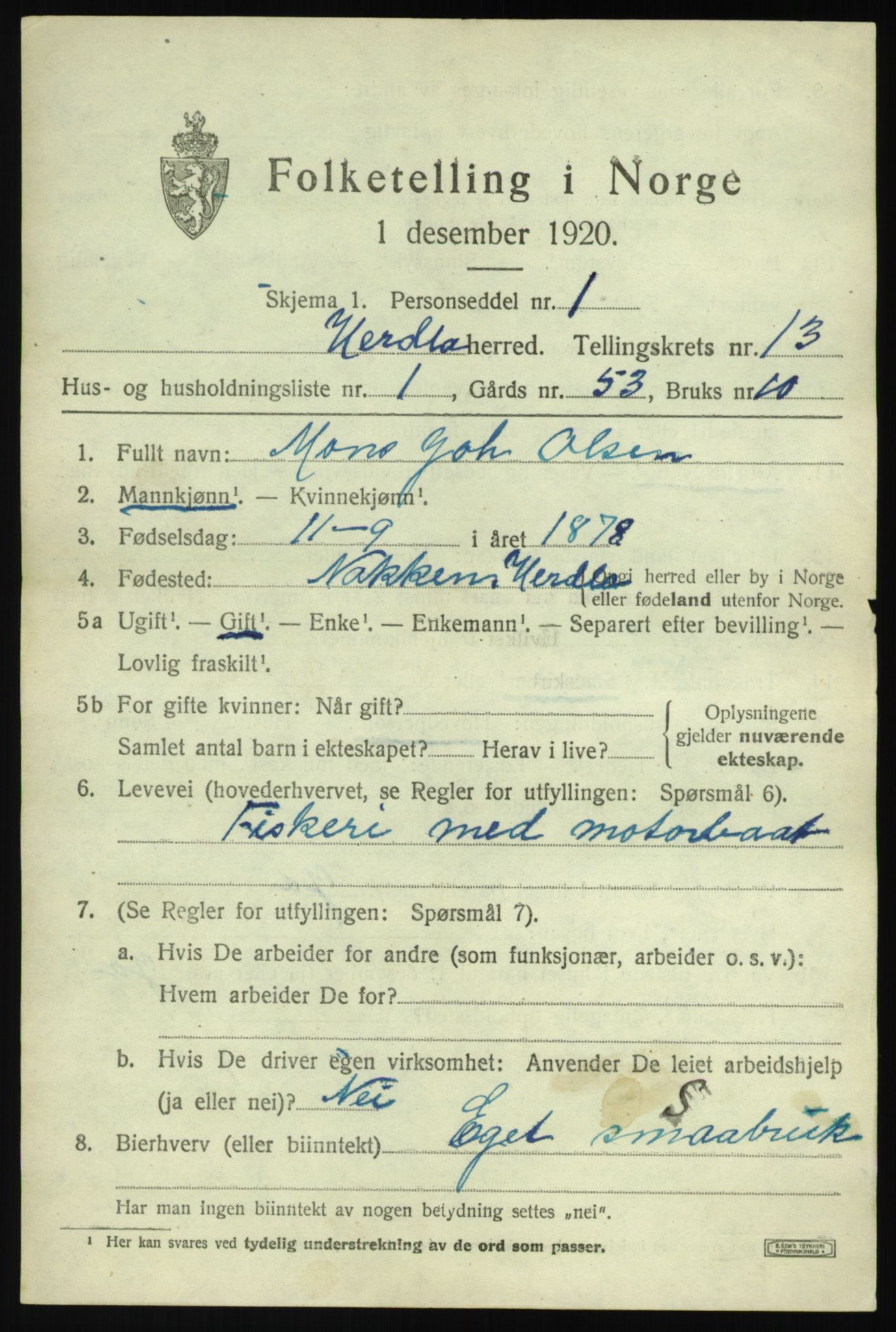 SAB, 1920 census for Herdla, 1920, p. 8955