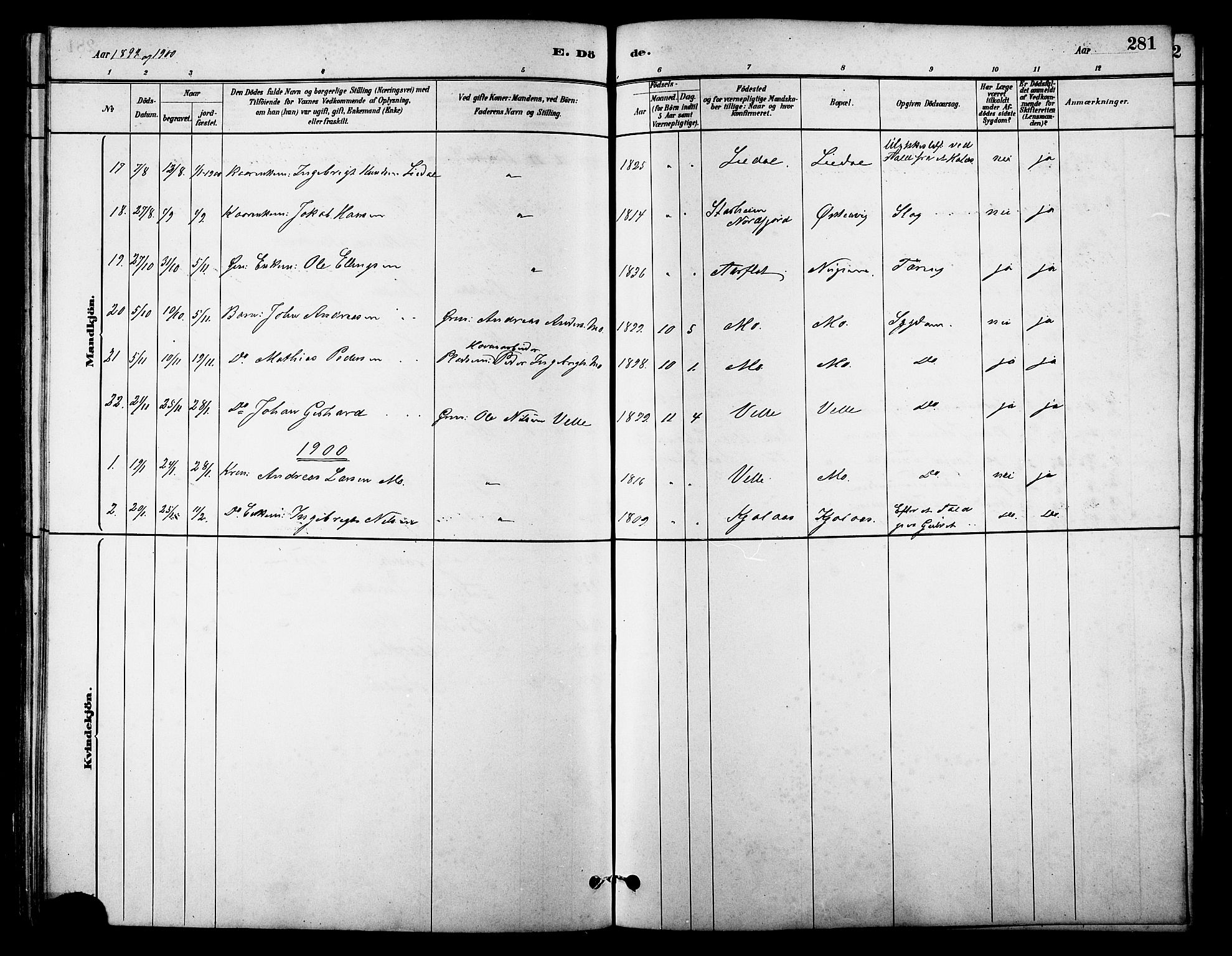 Ministerialprotokoller, klokkerbøker og fødselsregistre - Møre og Romsdal, AV/SAT-A-1454/513/L0189: Parish register (copy) no. 513C03, 1883-1904, p. 281