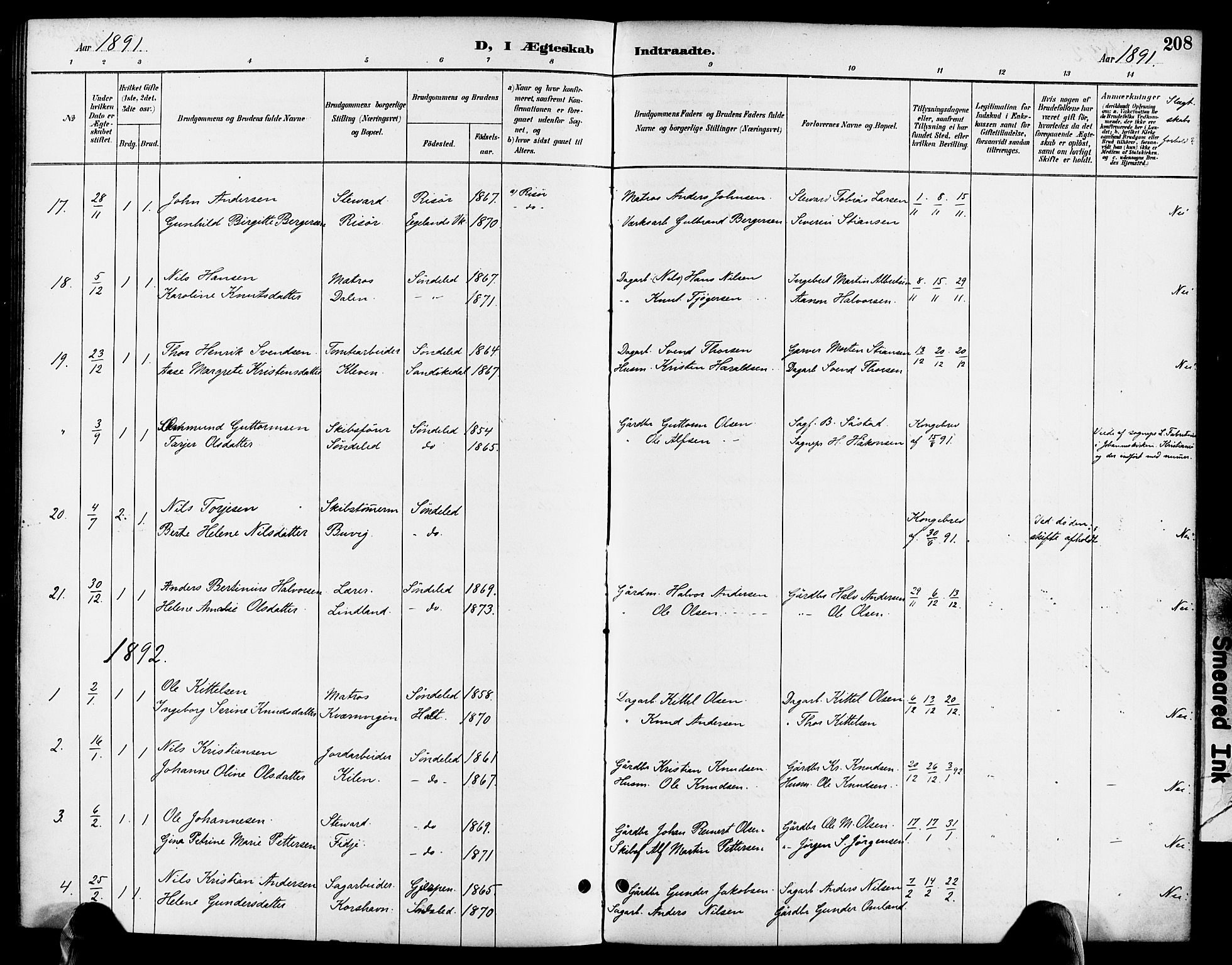 Søndeled sokneprestkontor, AV/SAK-1111-0038/F/Fa/L0005: Parish register (official) no. A 5, 1889-1899, p. 208