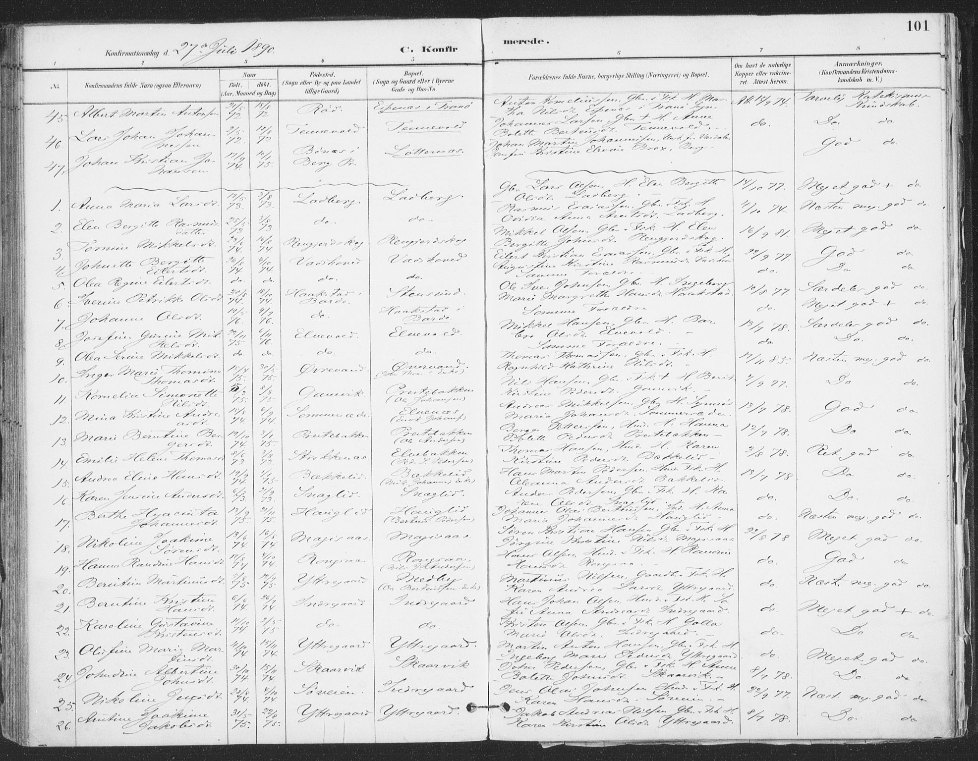 Ibestad sokneprestembete, AV/SATØ-S-0077/H/Ha/Haa/L0015kirke: Parish register (official) no. 15, 1888-1899, p. 101